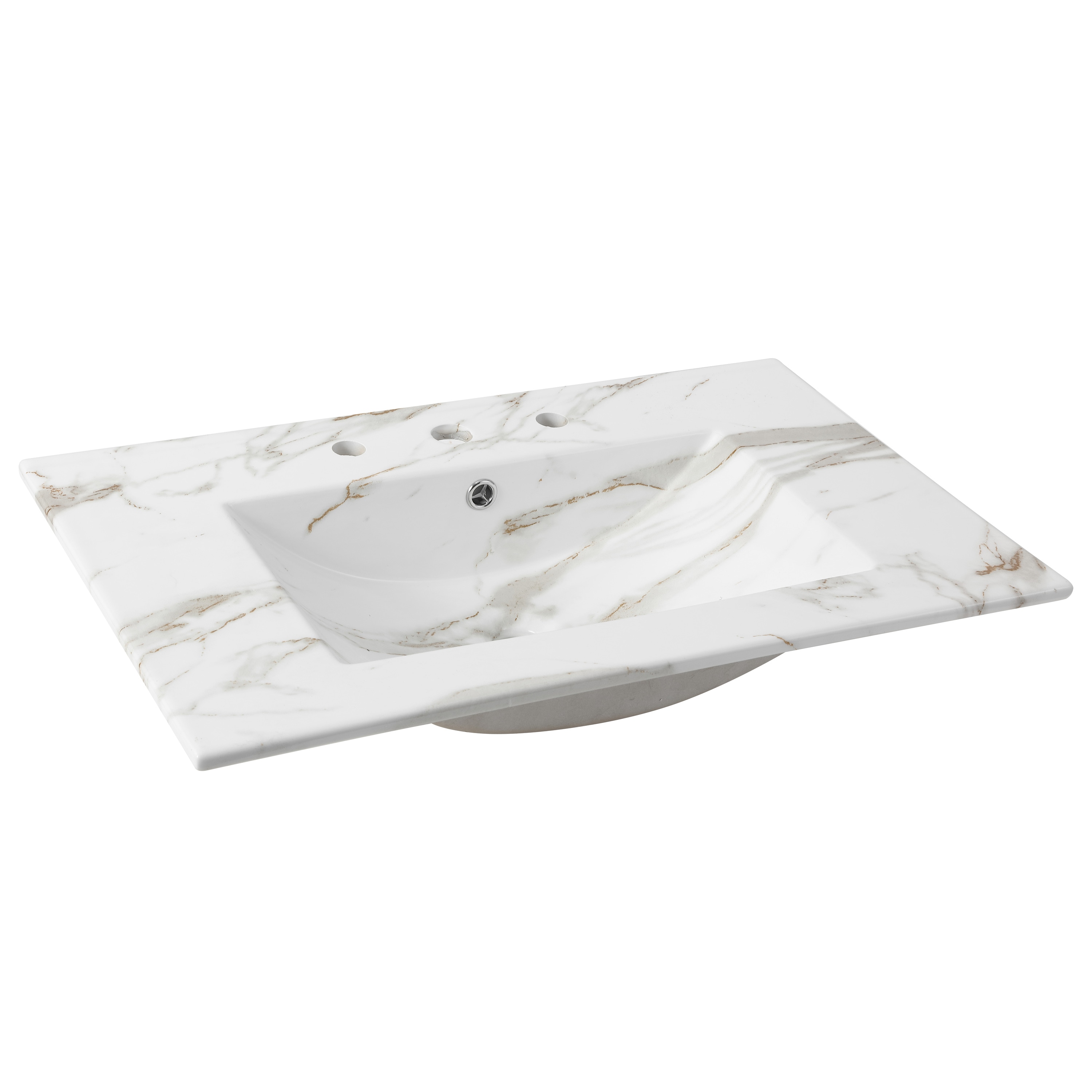 Encimera de baño para tocador clásico contemporáneo, efecto mármol blanco, caída única de cerámica de 30 pulgadas x 18.25 pulgadas con 3 orificios - SNK1002C