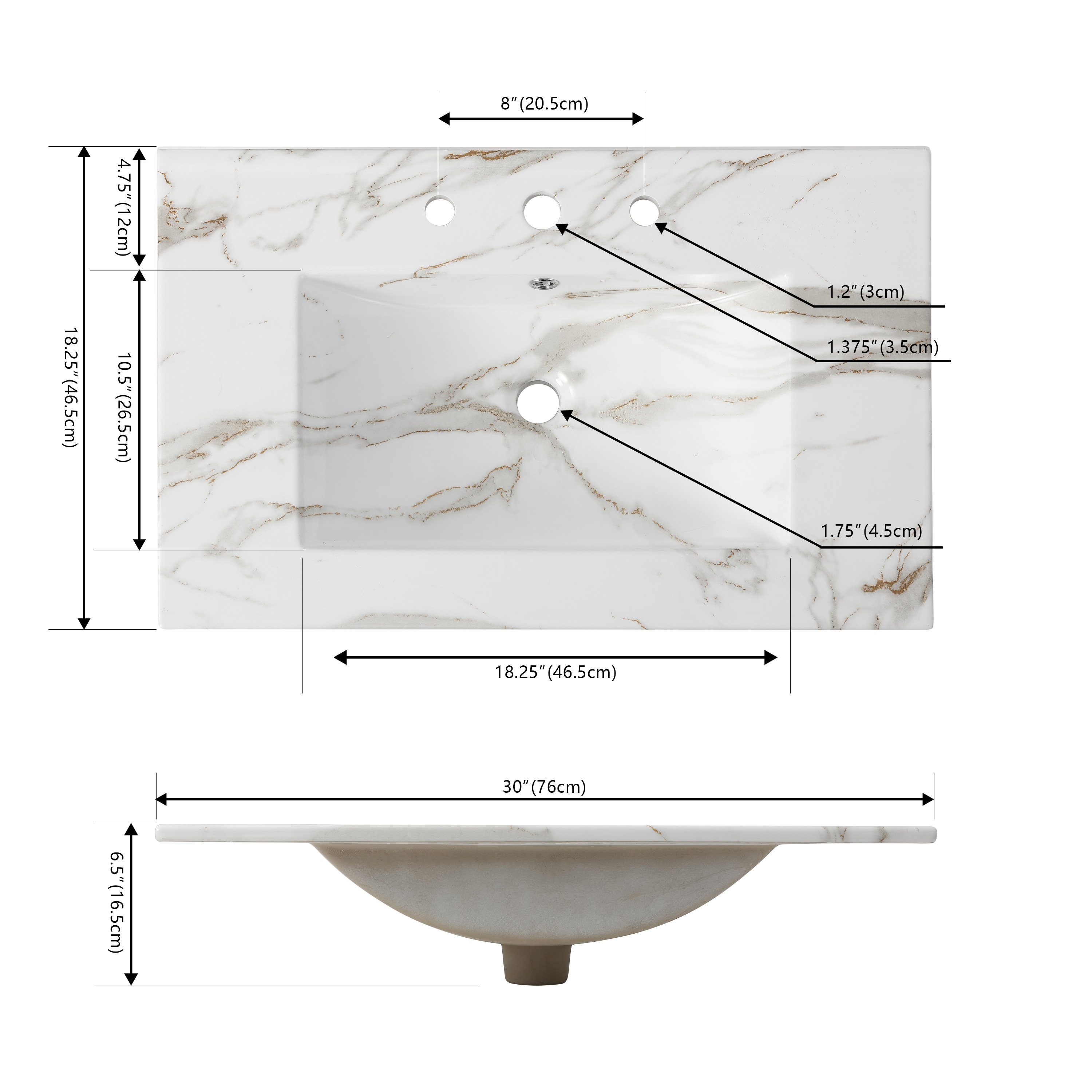 Encimera de baño para tocador clásico contemporáneo, efecto mármol blanco, caída única de cerámica de 30 pulgadas x 18.25 pulgadas con 3 orificios - SNK1002C