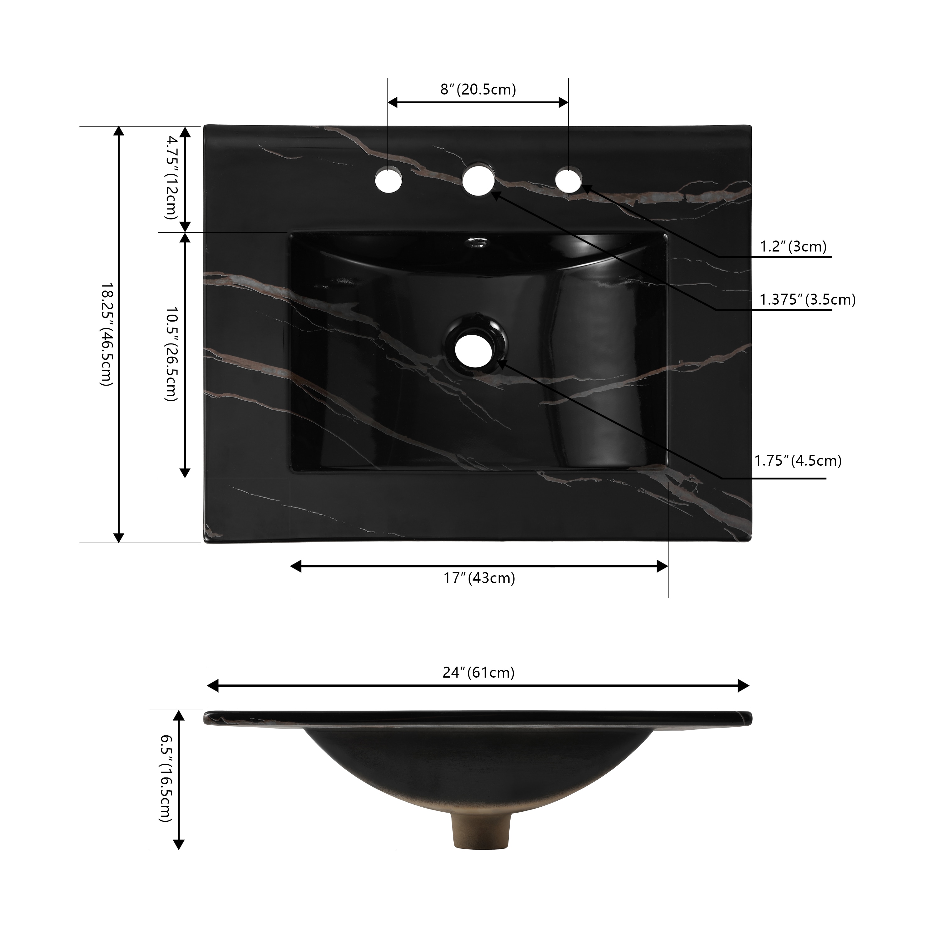 Jonathan y Accesorio Clásico Contemporáneo de 24 pulgadas x 18.25 pulgadas con efecto de mármol negro para lavabo individual de cerámica de sobre encimera con 3 orificios para tocador de baño SNK1001D.