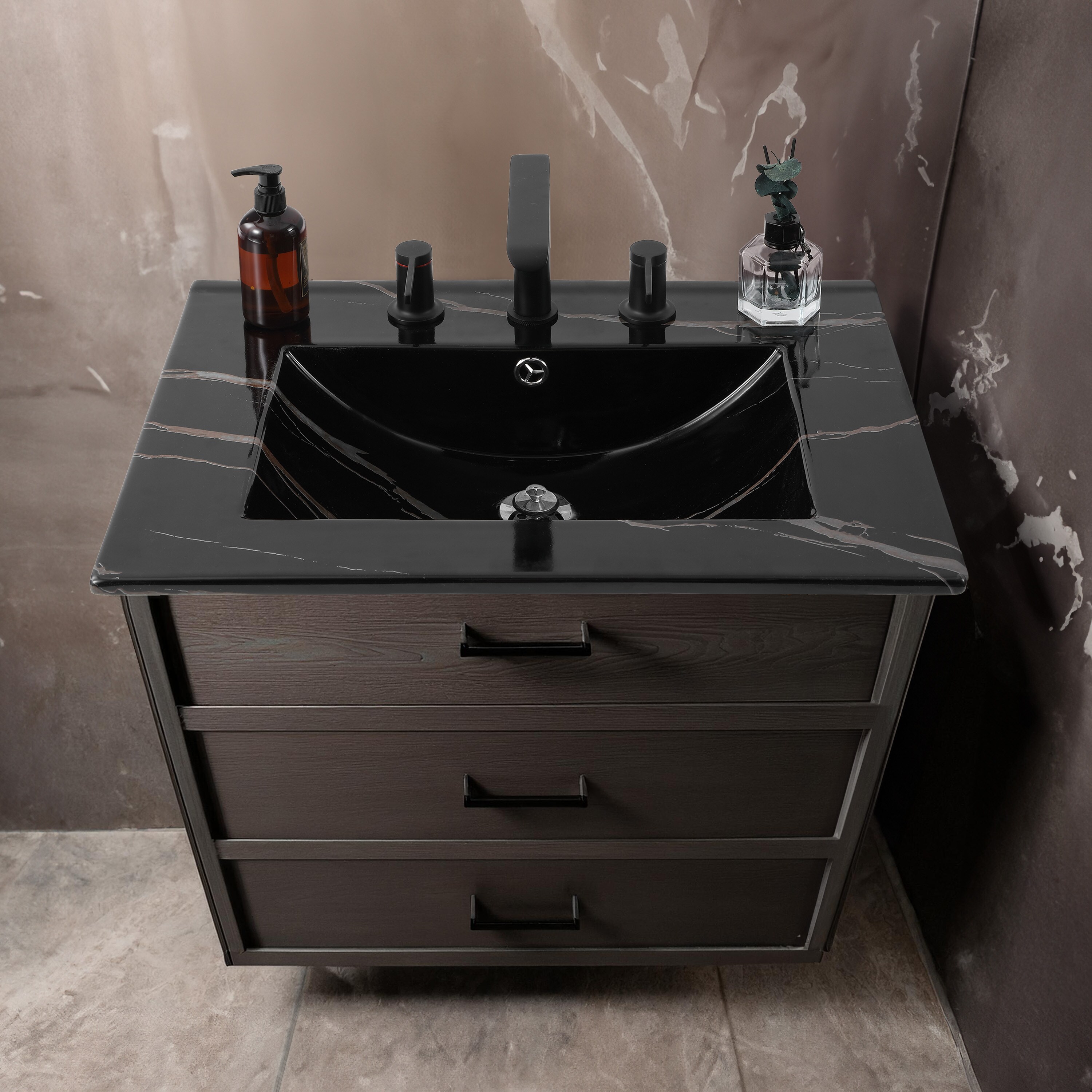 Jonathan y Accesorio Clásico Contemporáneo de 24 pulgadas x 18.25 pulgadas con efecto de mármol negro para lavabo individual de cerámica de sobre encimera con 3 orificios para tocador de baño SNK1001D.