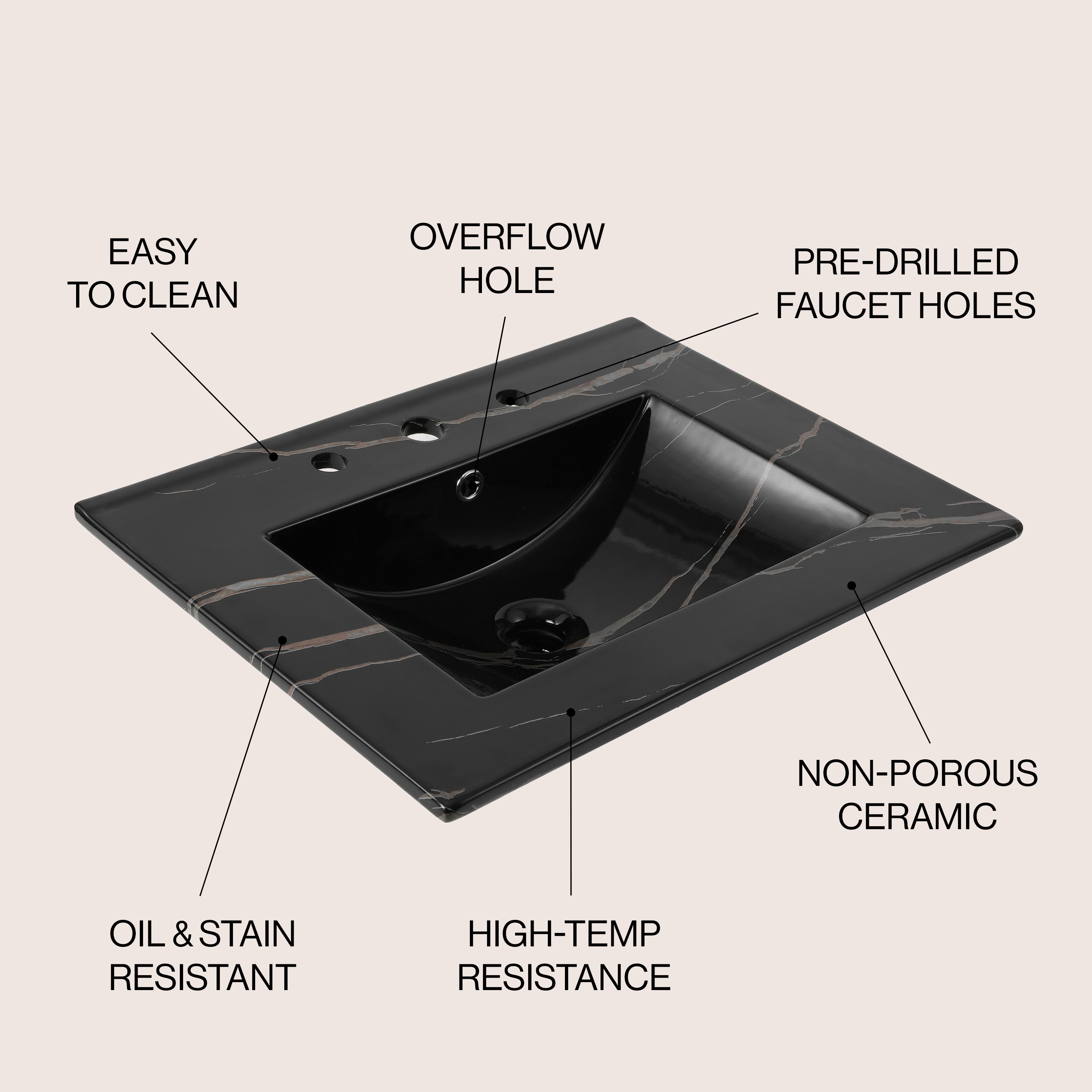 Jonathan y Accesorio Clásico Contemporáneo de 24 pulgadas x 18.25 pulgadas con efecto de mármol negro para lavabo individual de cerámica de sobre encimera con 3 orificios para tocador de baño SNK1001D.
