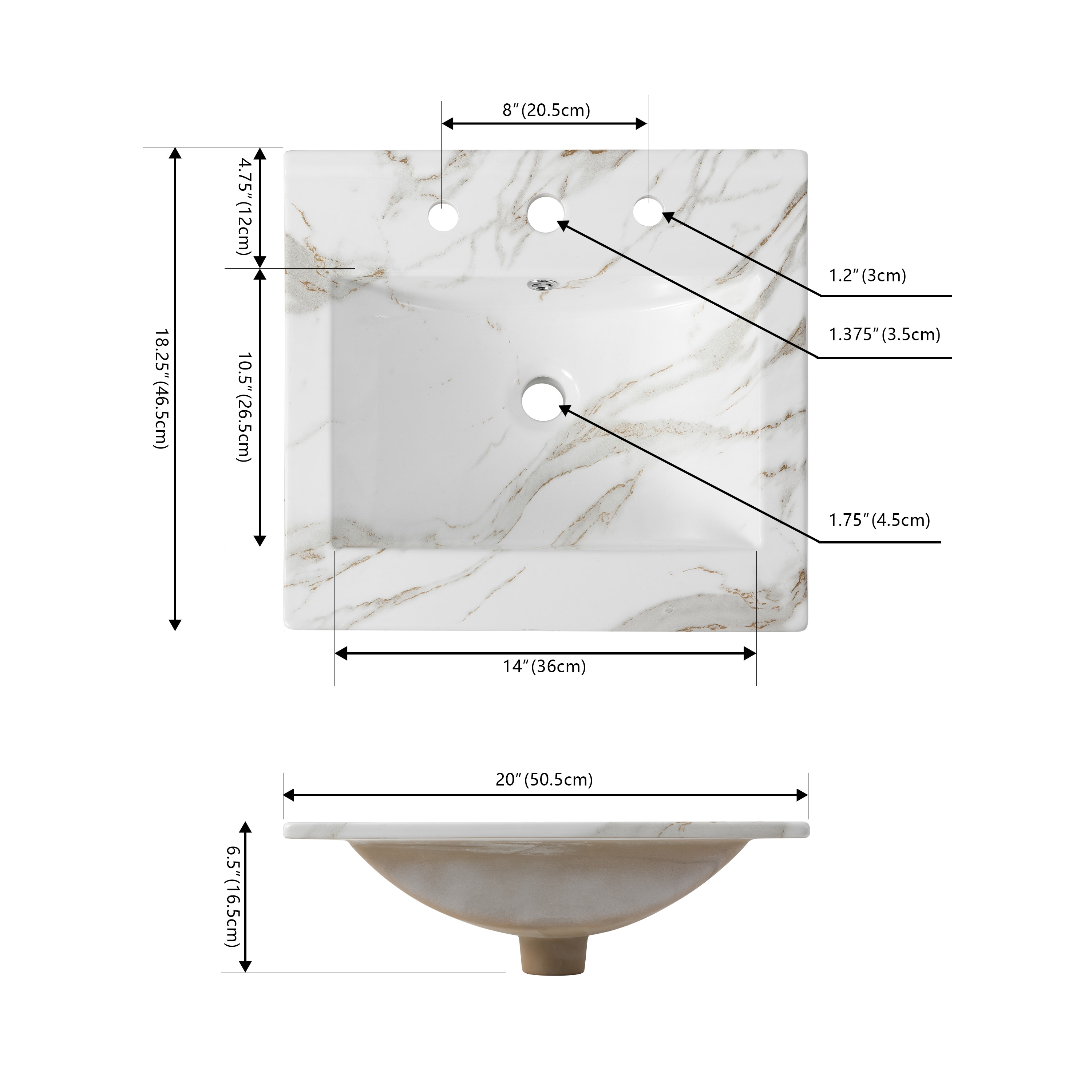 Encimera de mármol blanco de 20 pulgadas x 18.25 pulgadas, estilo clásico contemporáneo con lavabo de cerámica empotrada de un solo agujero - Modelo SNK1000C
