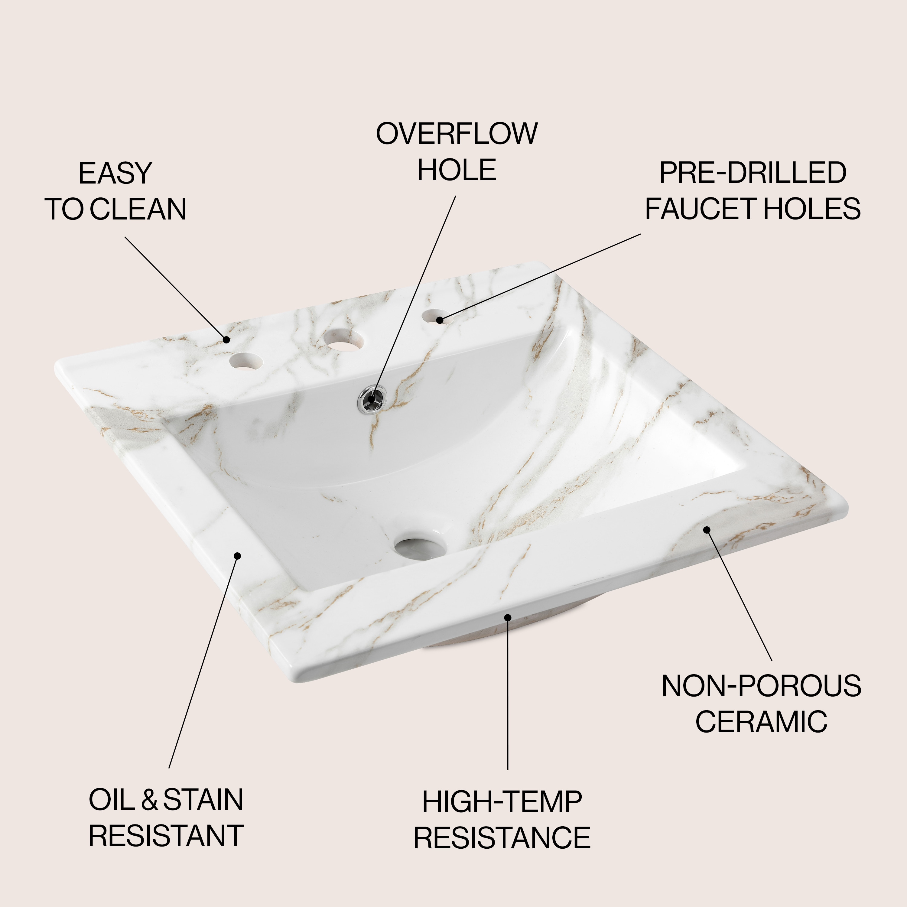 Encimera de mármol blanco de 20 pulgadas x 18.25 pulgadas, estilo clásico contemporáneo con lavabo de cerámica empotrada de un solo agujero - Modelo SNK1000C