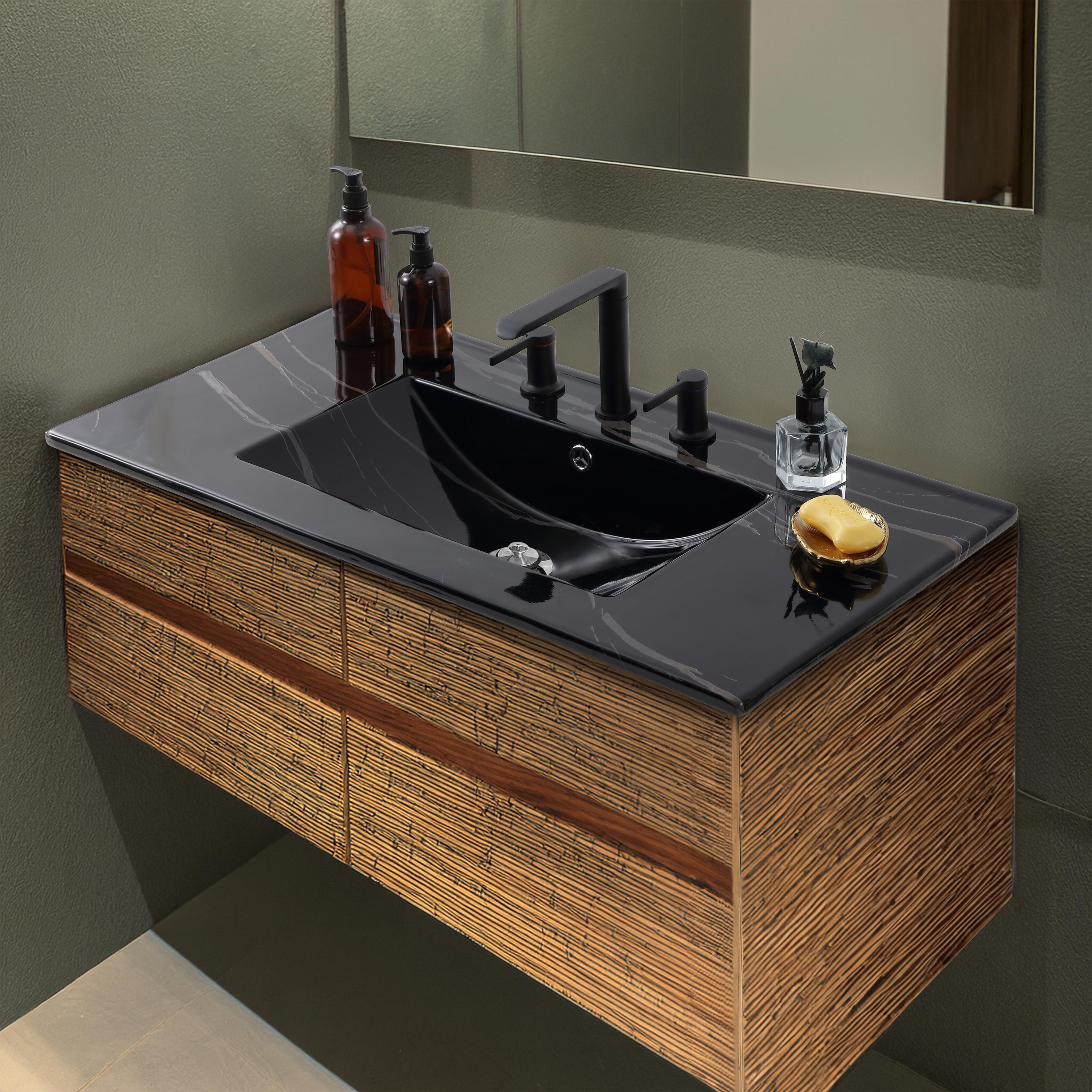 Jonathan y Addicional Clásico Contemporáneo 36 pulgadas x 18.25 pulgadas Efecto Mármol Negro Cerámica Drop-in Lavabo Individual de 3 Orificios para Tocador de Baño SNK1003D