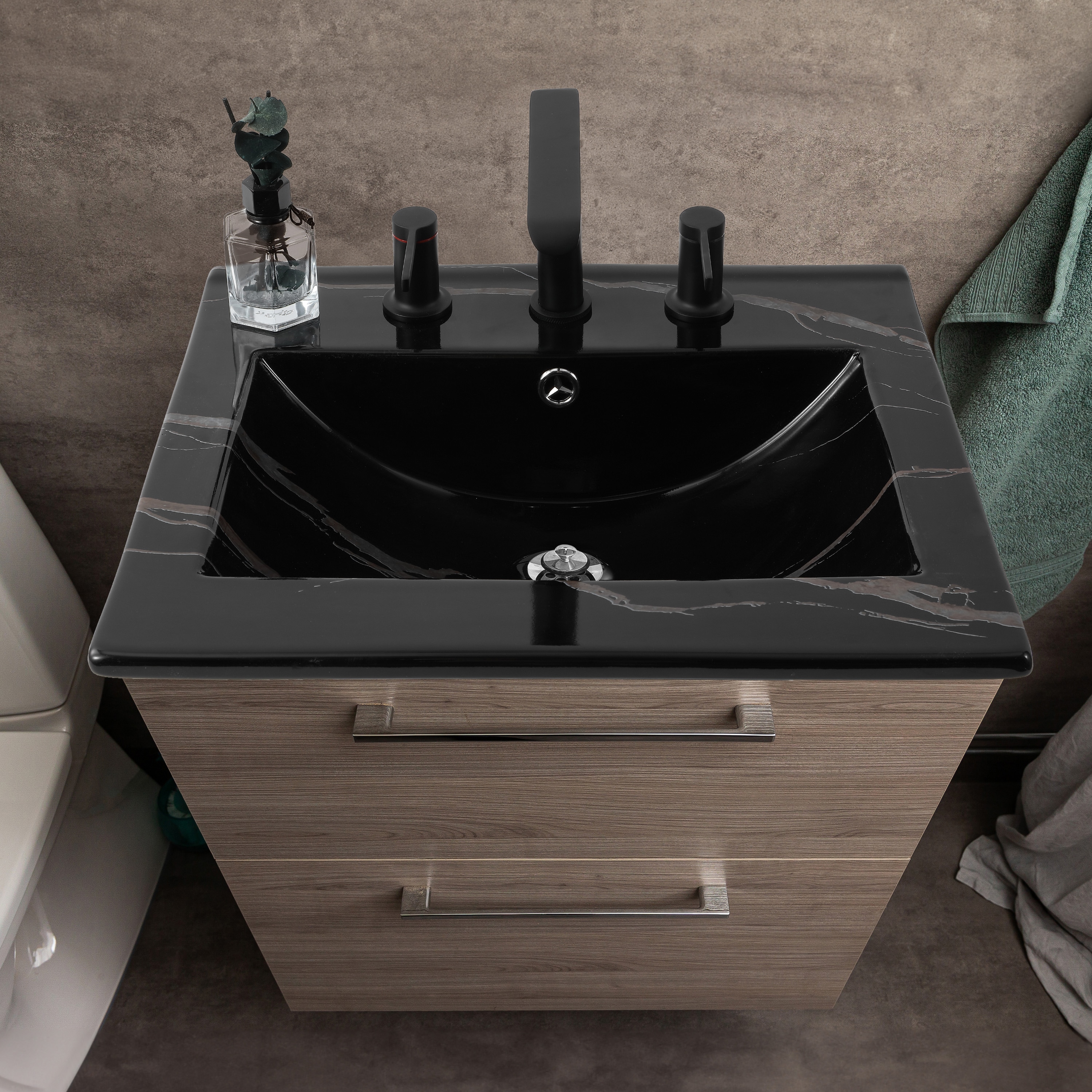 Encimera de baño de cerámica con efecto mármol negro de 20 pulgadas x 18.25 pulgadas, estilo clásico contemporáneo con fregadero individual para montaje empotrado de 3 orificios.