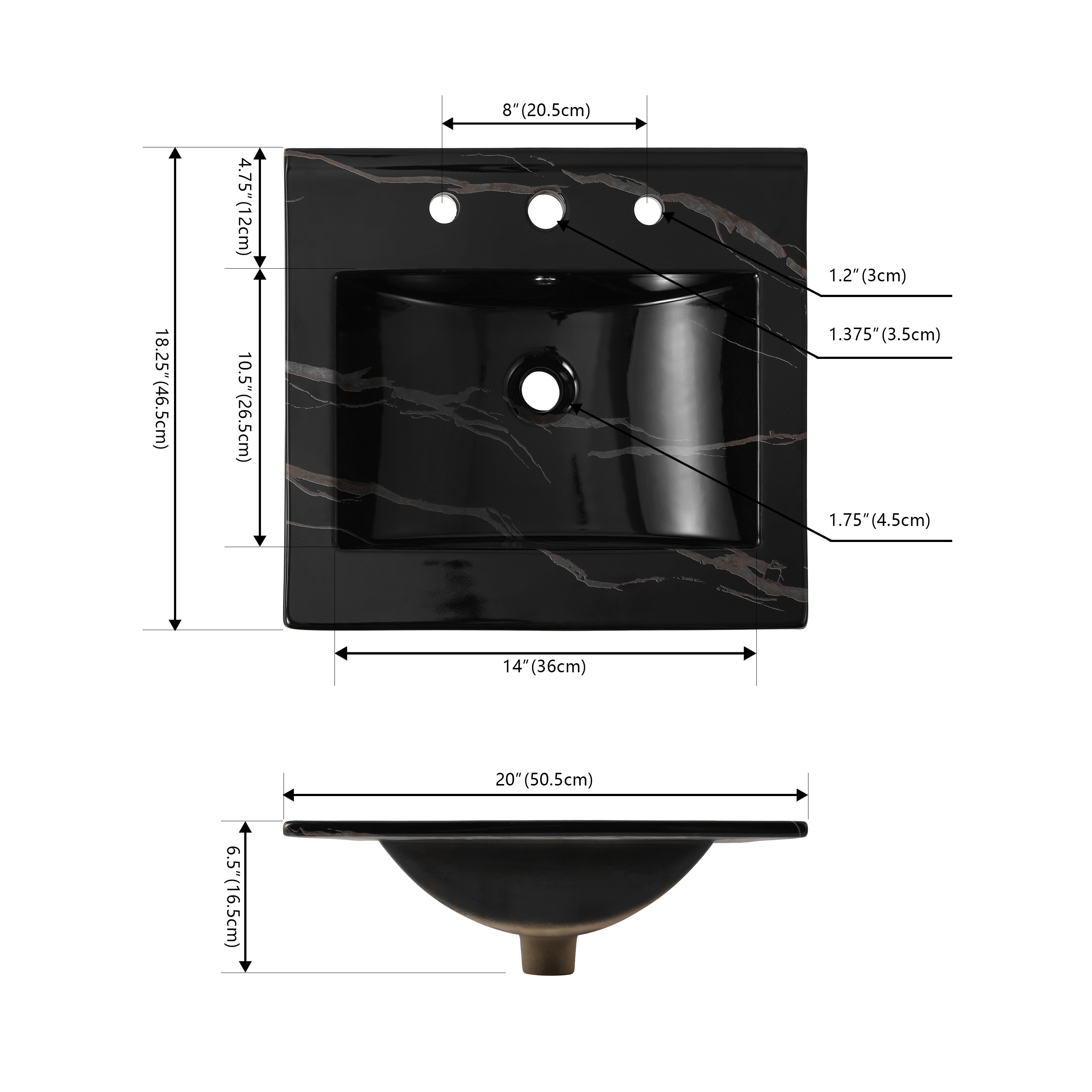 Encimera de baño de cerámica con efecto mármol negro de 20 pulgadas x 18.25 pulgadas, estilo clásico contemporáneo con fregadero individual para montaje empotrado de 3 orificios.