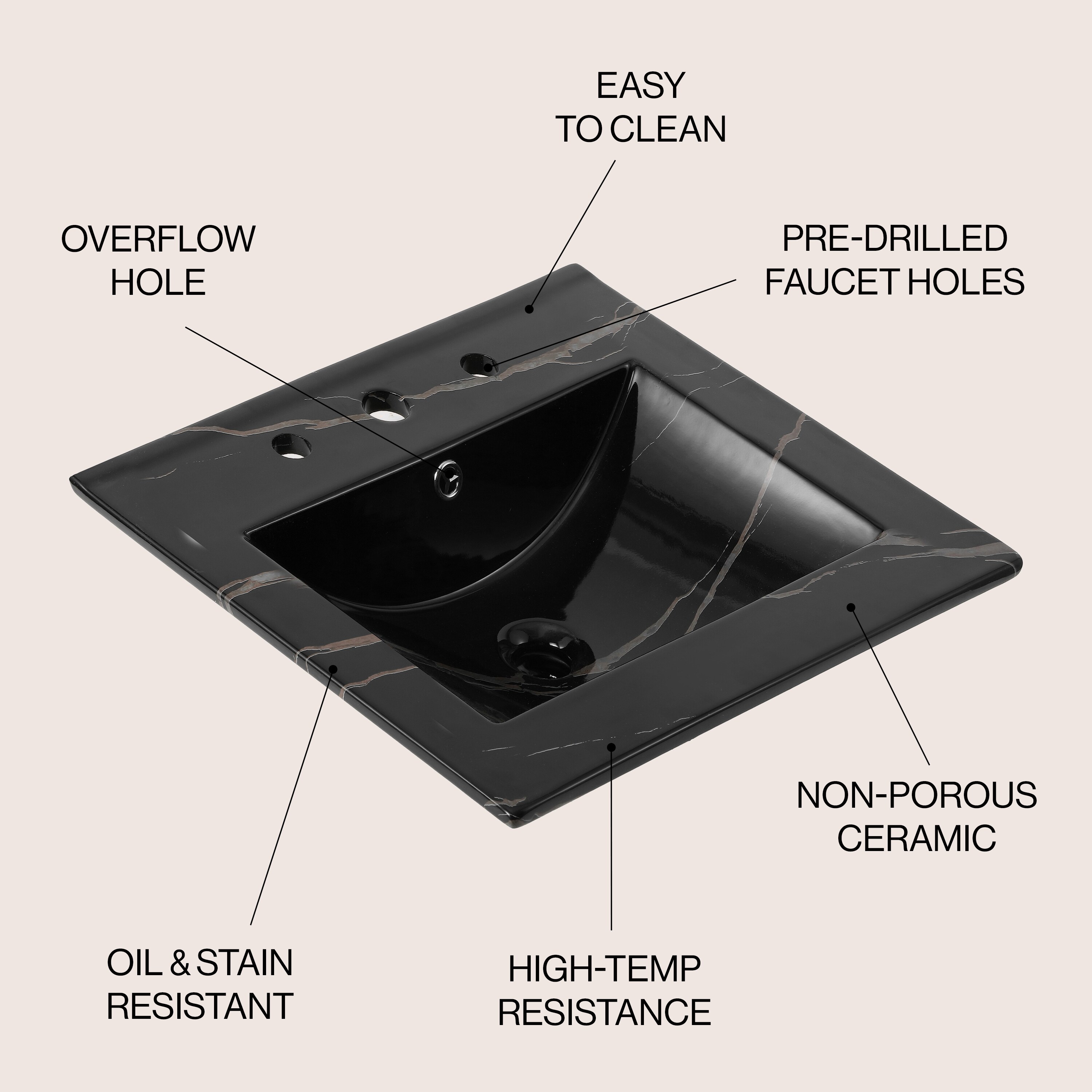 Encimera de baño de cerámica con efecto mármol negro de 20 pulgadas x 18.25 pulgadas, estilo clásico contemporáneo con fregadero individual para montaje empotrado de 3 orificios.