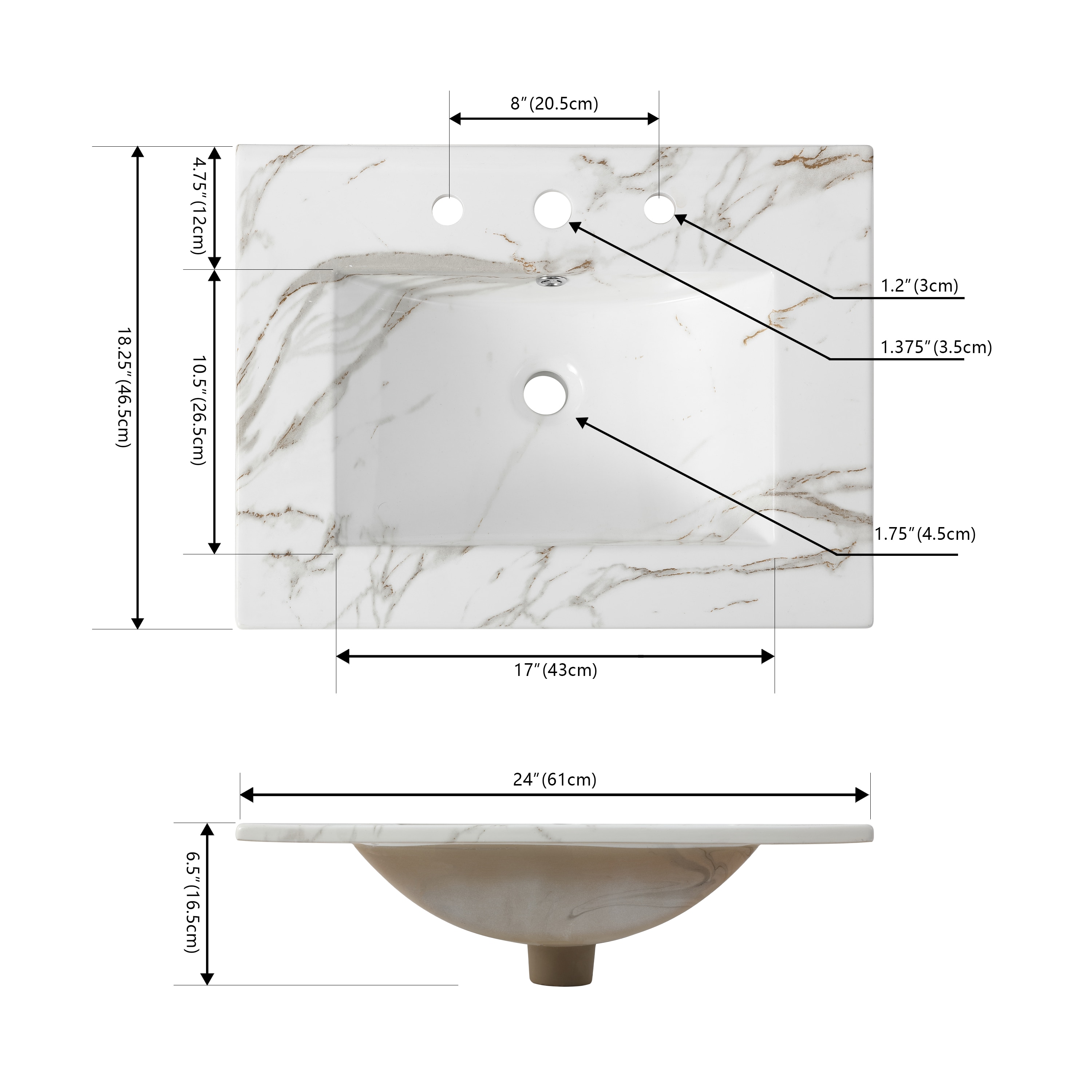 Tapa de tocador para baño blanco de cerámica con efecto mármol de 24 pulgadas x 18.25 pulgadas, estilo clásico contemporáneo, con lavabo individual empotrable de 3 orificios.
