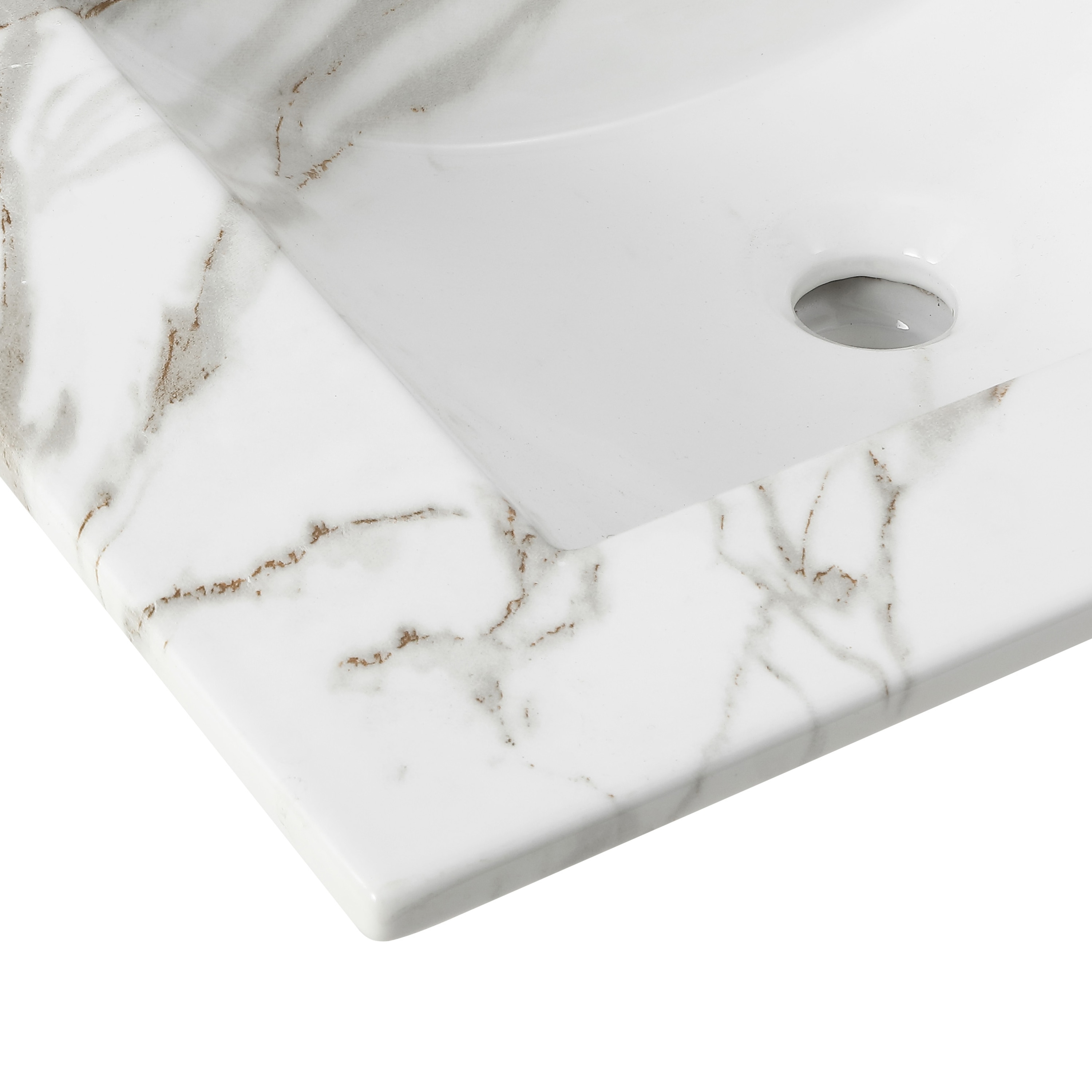 Tapa de tocador para baño blanco de cerámica con efecto mármol de 24 pulgadas x 18.25 pulgadas, estilo clásico contemporáneo, con lavabo individual empotrable de 3 orificios.