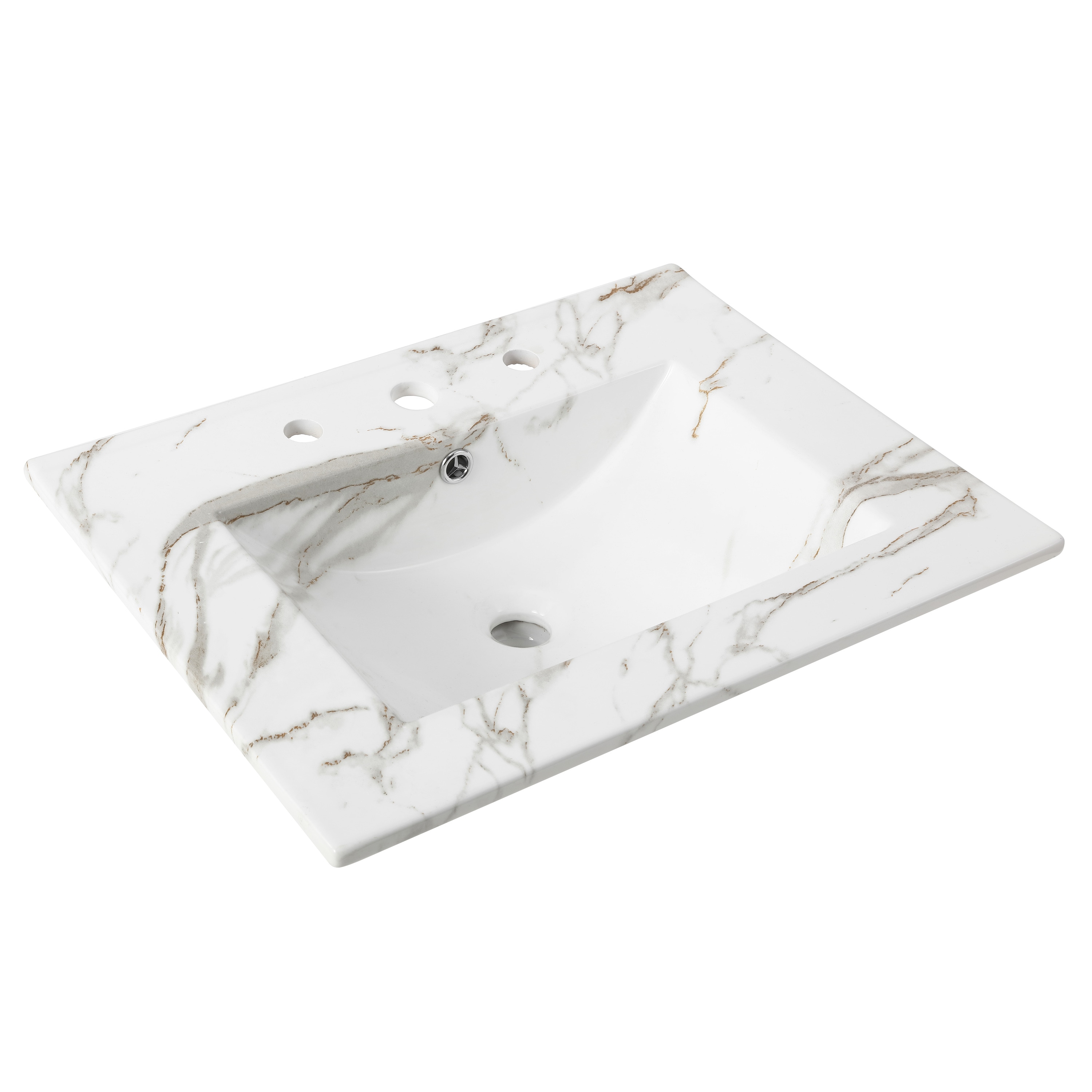 Tapa de tocador para baño blanco de cerámica con efecto mármol de 24 pulgadas x 18.25 pulgadas, estilo clásico contemporáneo, con lavabo individual empotrable de 3 orificios.