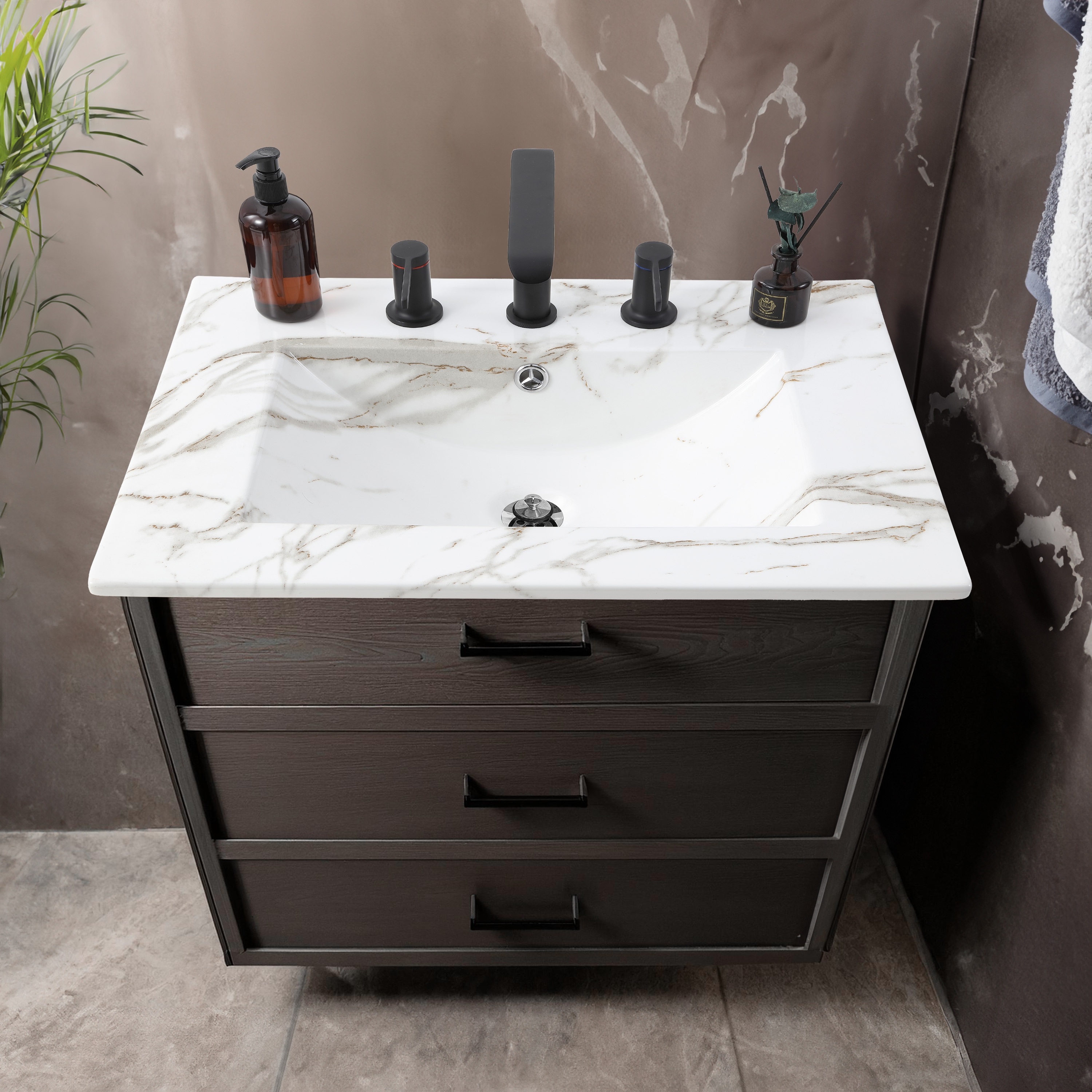 Tapa de tocador para baño blanco de cerámica con efecto mármol de 24 pulgadas x 18.25 pulgadas, estilo clásico contemporáneo, con lavabo individual empotrable de 3 orificios.