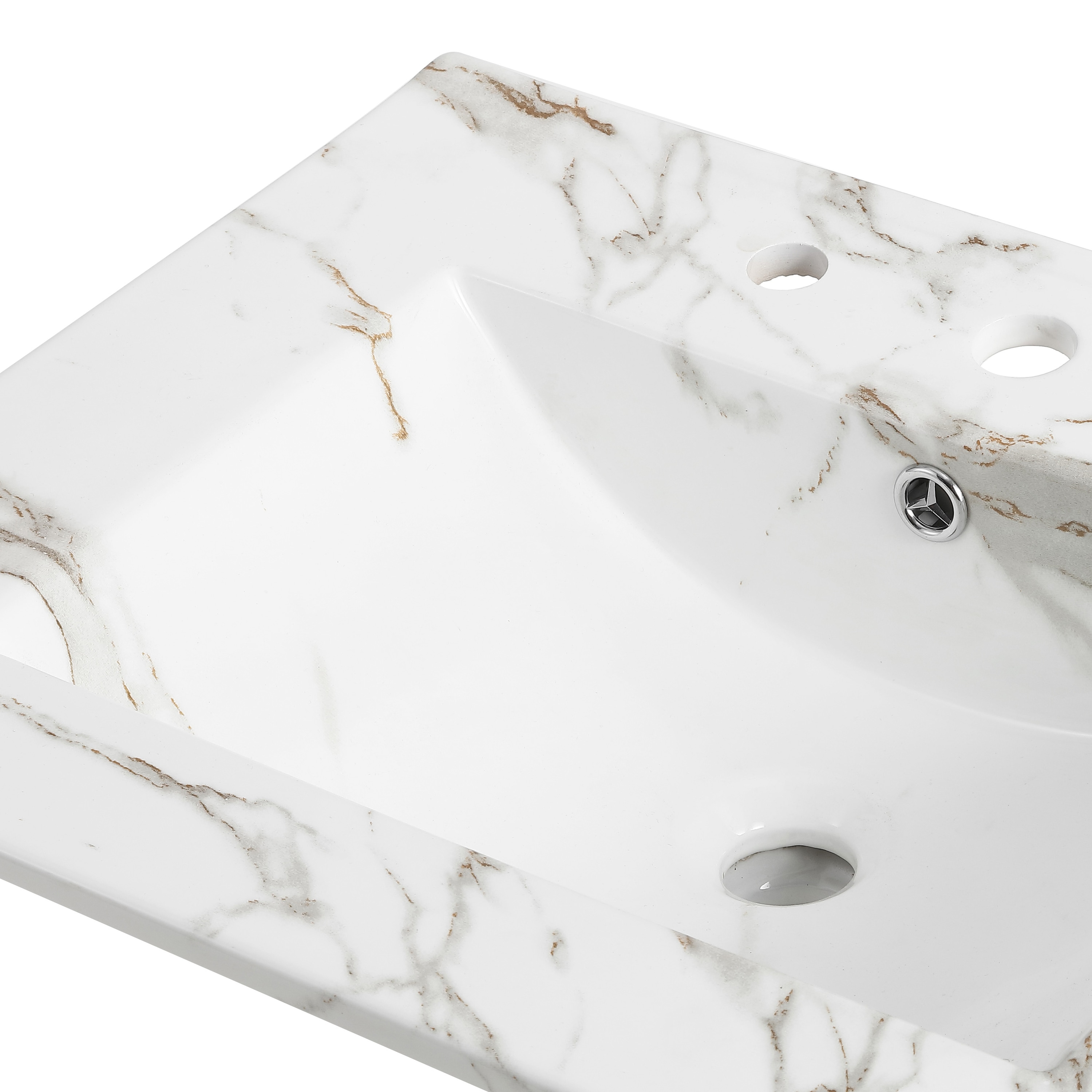 Tapa de tocador para baño blanco de cerámica con efecto mármol de 24 pulgadas x 18.25 pulgadas, estilo clásico contemporáneo, con lavabo individual empotrable de 3 orificios.