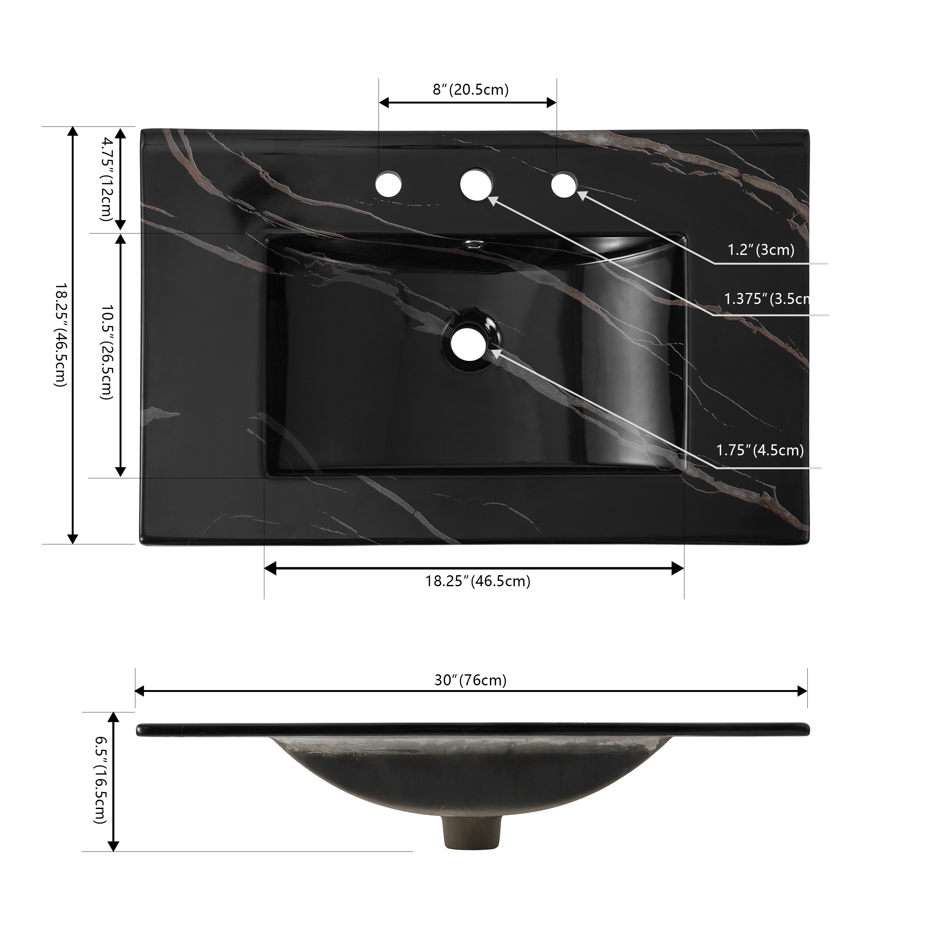 Encimera De Baño Clásica Contemporánea Auxiliar con efecto mármol negro de cerámica de 30 pulgadas x 18.25 pulgadas con lavamanos de sobreponer de 3 orificios SNK1002D