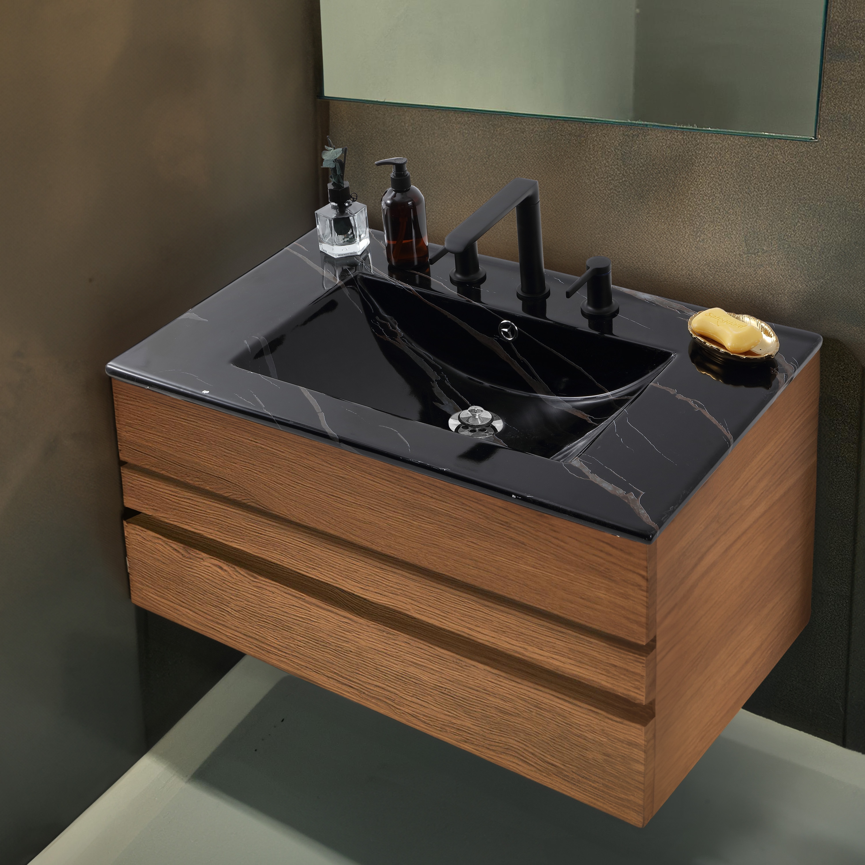 Encimera De Baño Clásica Contemporánea Auxiliar con efecto mármol negro de cerámica de 30 pulgadas x 18.25 pulgadas con lavamanos de sobreponer de 3 orificios SNK1002D