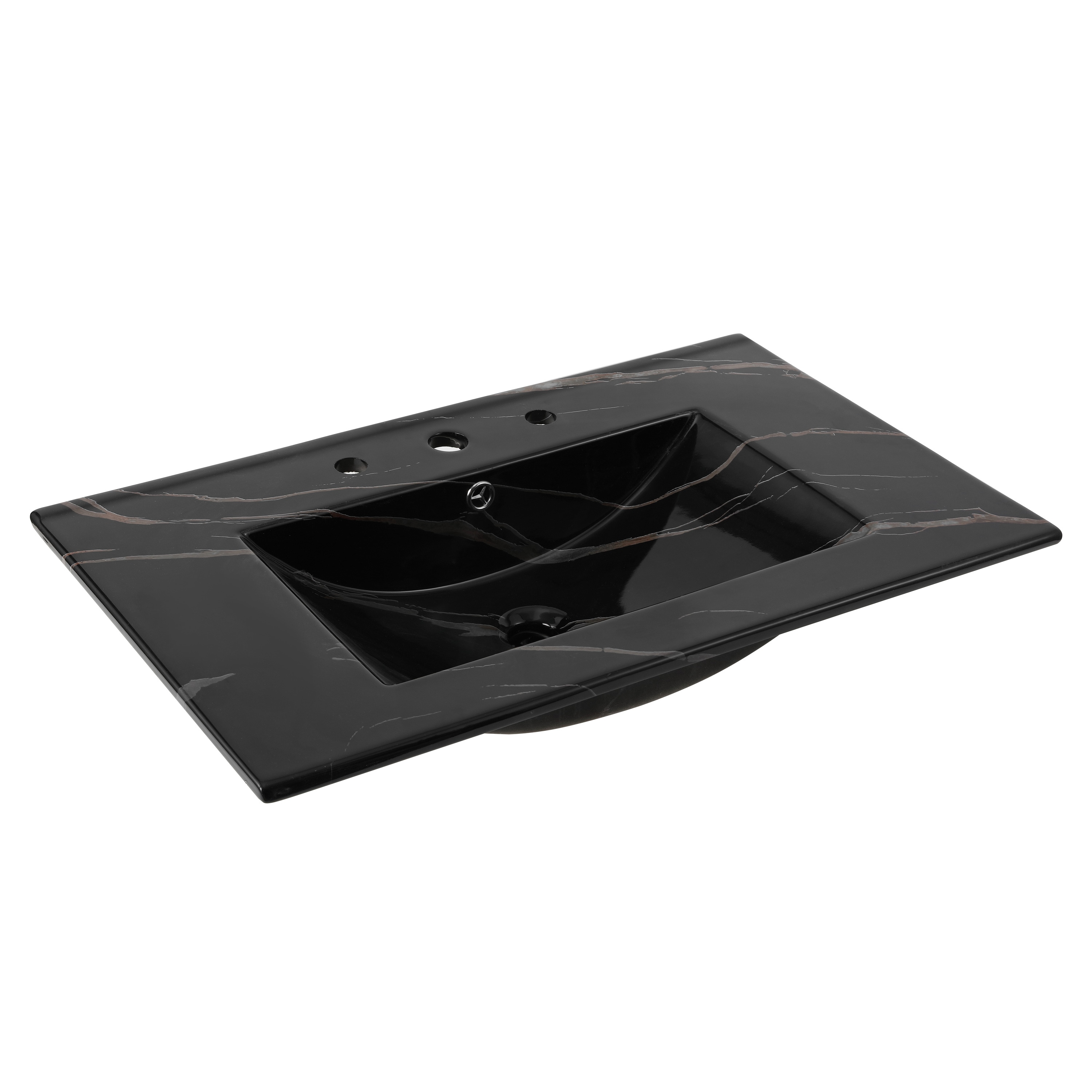 Encimera De Baño Clásica Contemporánea Auxiliar con efecto mármol negro de cerámica de 30 pulgadas x 18.25 pulgadas con lavamanos de sobreponer de 3 orificios SNK1002D
