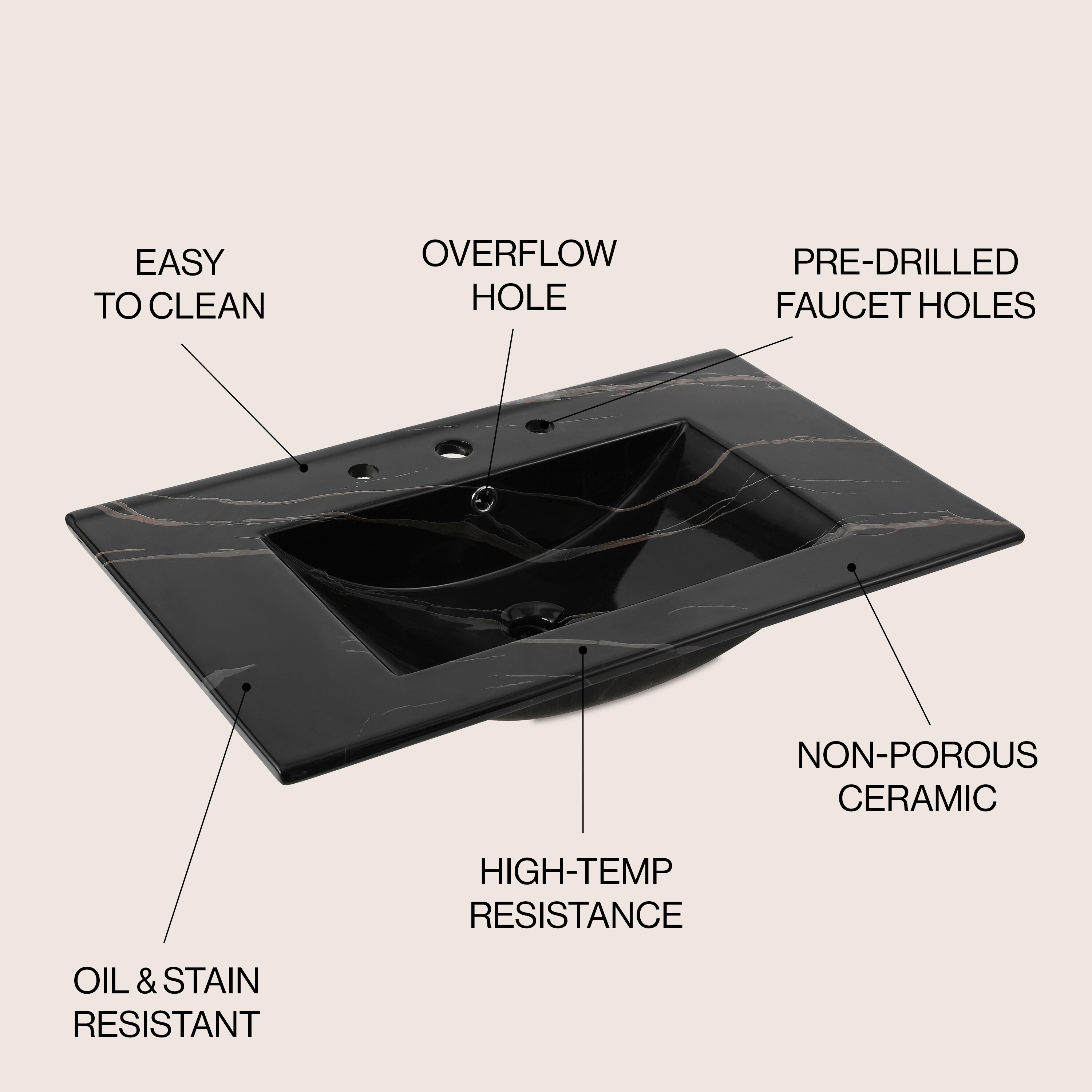 Encimera De Baño Clásica Contemporánea Auxiliar con efecto mármol negro de cerámica de 30 pulgadas x 18.25 pulgadas con lavamanos de sobreponer de 3 orificios SNK1002D