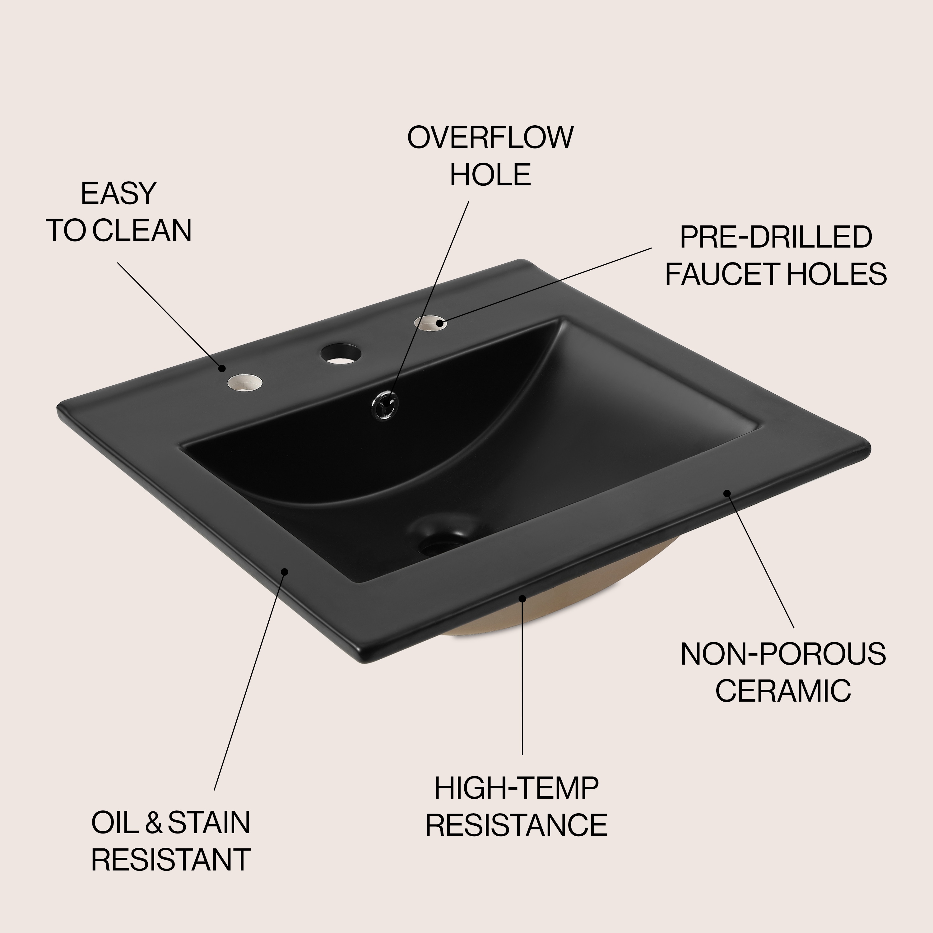 Tapa de lavabo para baño de cerámica negra de 20 pulgadas x 18.25 pulgadas con 3 orificios de Jonathan y diseño clásico contemporáneo