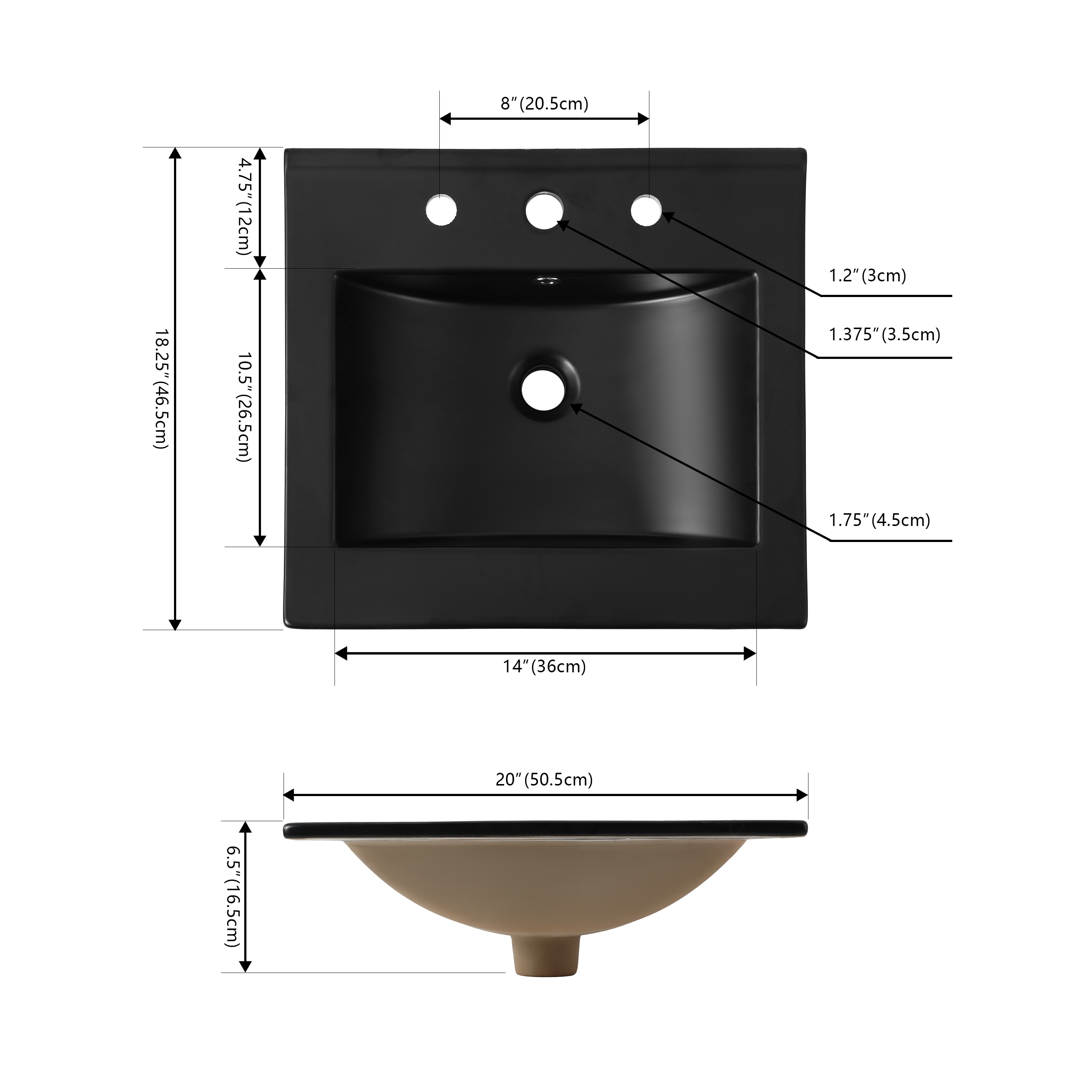 Tapa de lavabo para baño de cerámica negra de 20 pulgadas x 18.25 pulgadas con 3 orificios de Jonathan y diseño clásico contemporáneo
