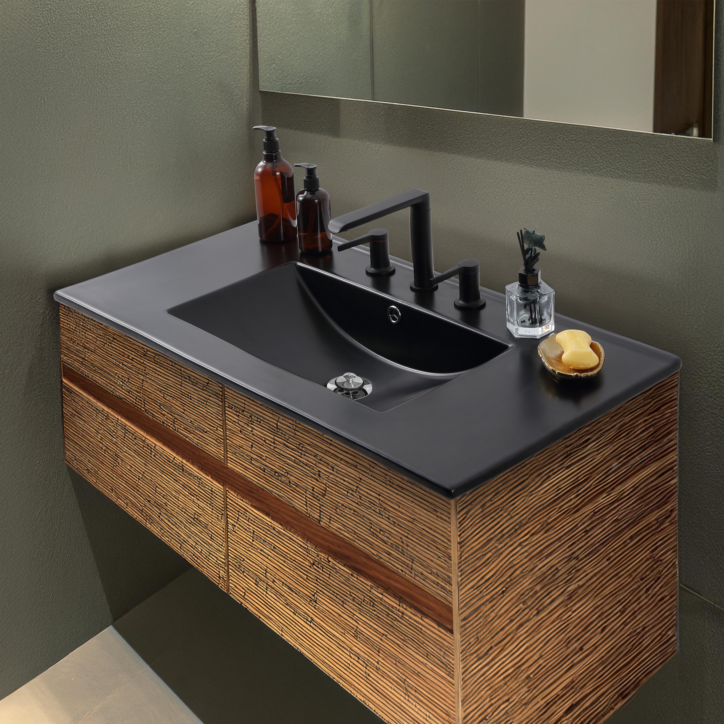 Jonathan y Auxiliar Clásico Contemporáneo 36 pulgadas x 18.25 pulgadas Cubierta de tocador de baño de cerámica negra para lavamanos de una sola tarja de 3 orificios SNK1003B