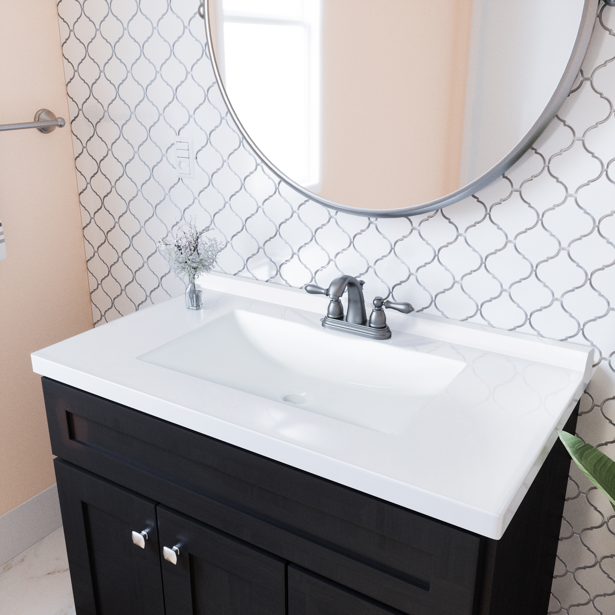 Tapa de tocador de baño de mármol integral sólido blanco de 37 pulgadas x 22 pulgadas para un lavabo individual con 3 orificios - Modelo Camilla II