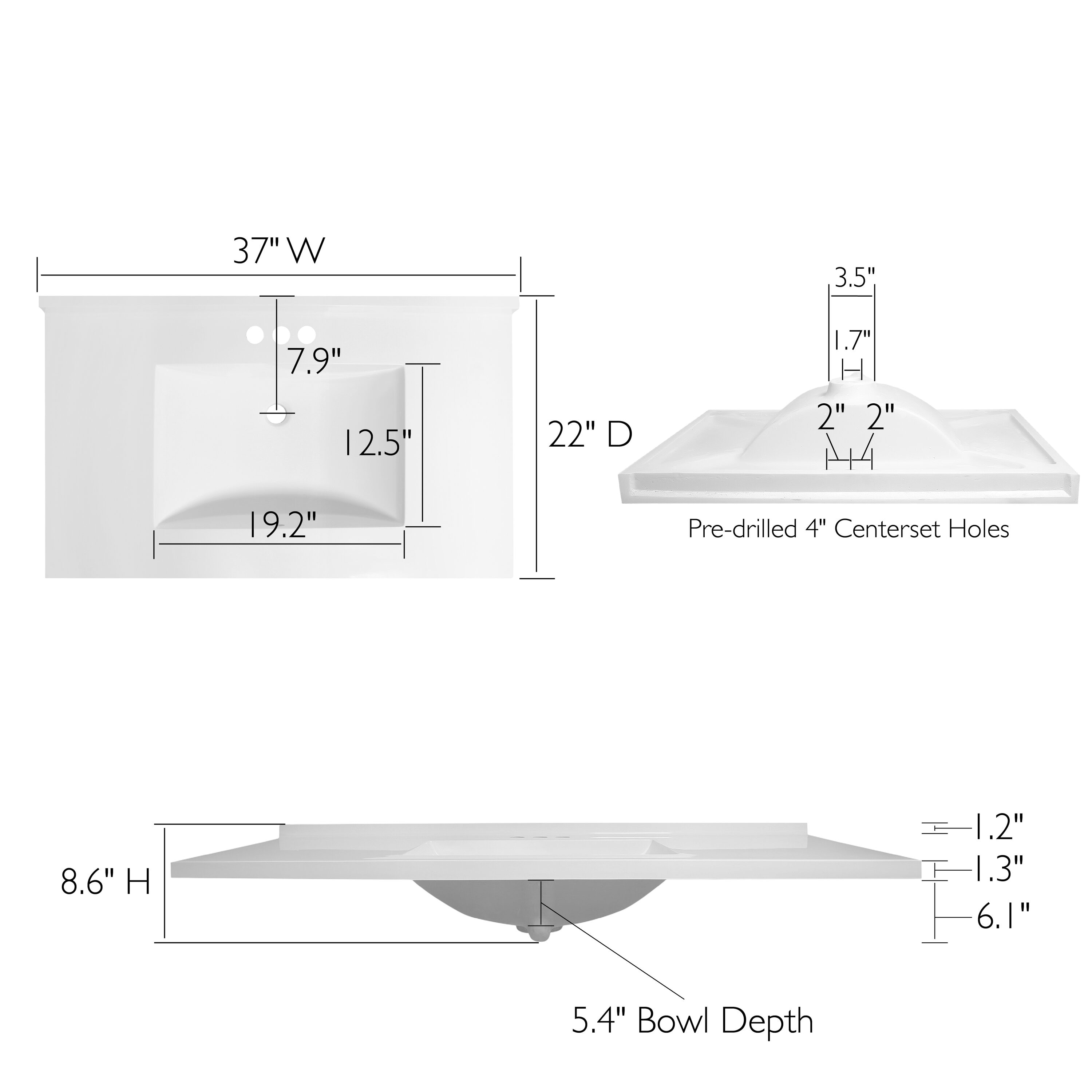 Tapa de tocador de baño de mármol integral sólido blanco de 37 pulgadas x 22 pulgadas para un lavabo individual con 3 orificios - Modelo Camilla II