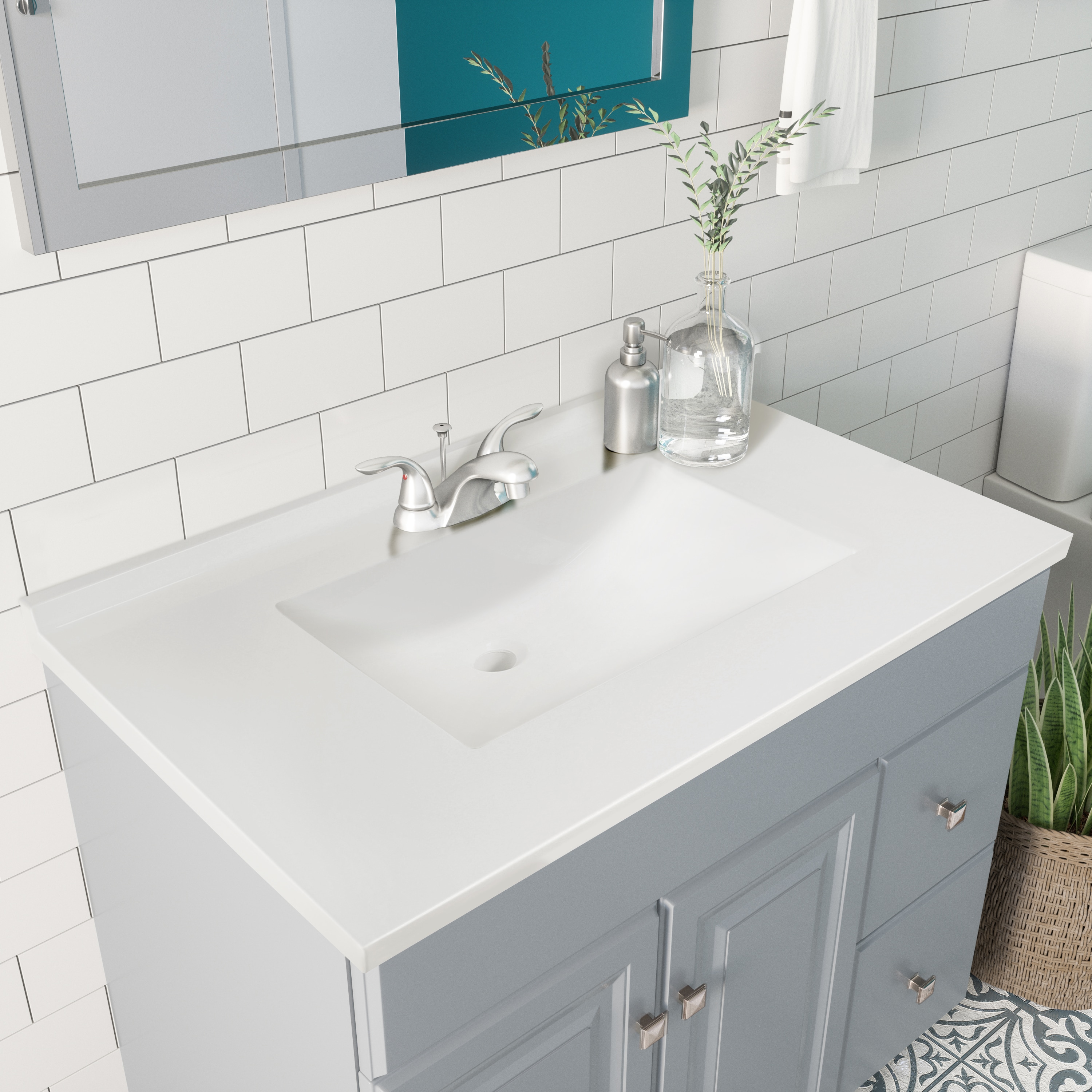 Tapa de tocador de baño de mármol integral sólido blanco de 37 pulgadas x 22 pulgadas para un lavabo individual con 3 orificios - Modelo Camilla II