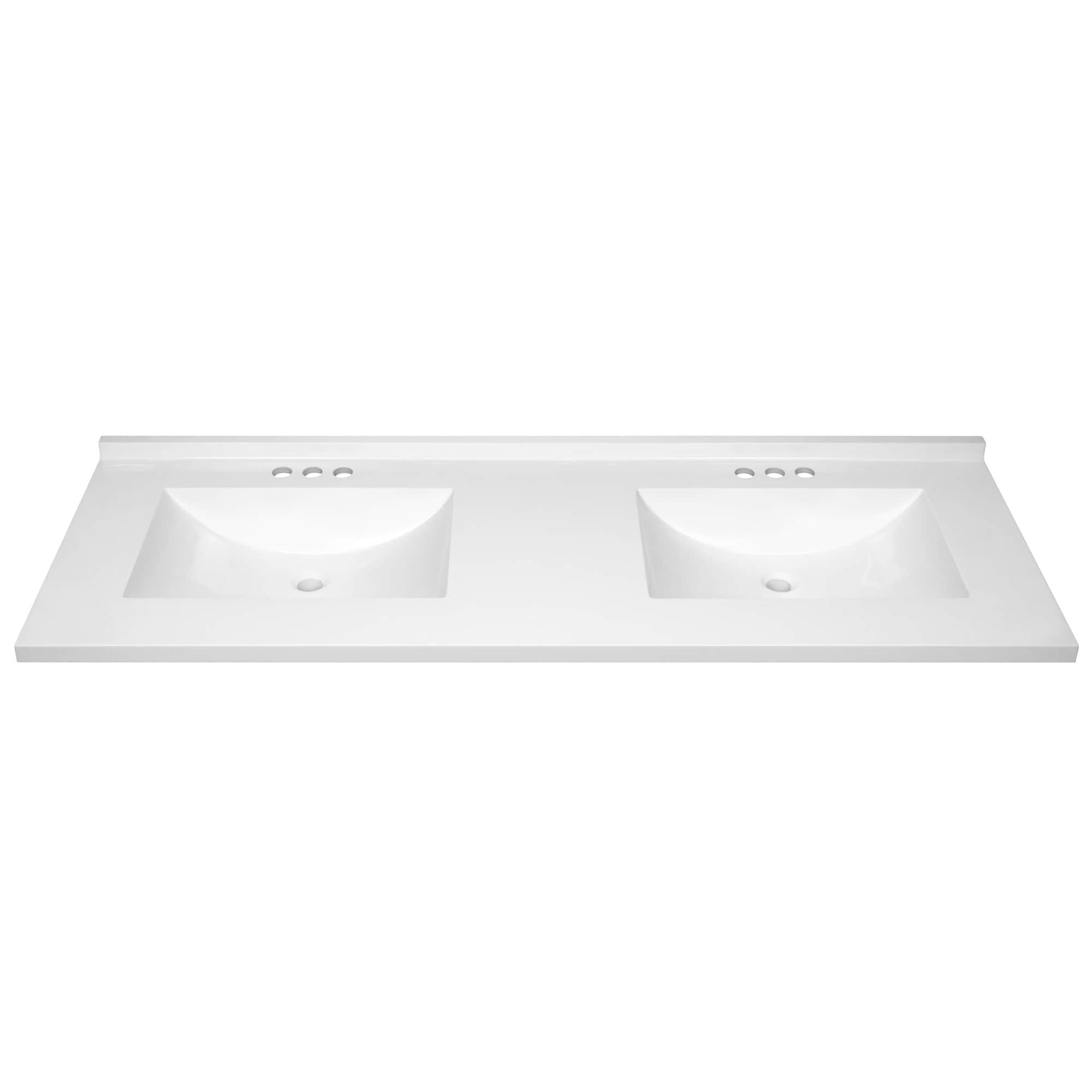 Tapa de tocador de baño de mármol sólido blanco cultivado con doble lavabo integral de 3 orificios, Design House Camilla II, 61 pulgadas x 22 pulgadas.