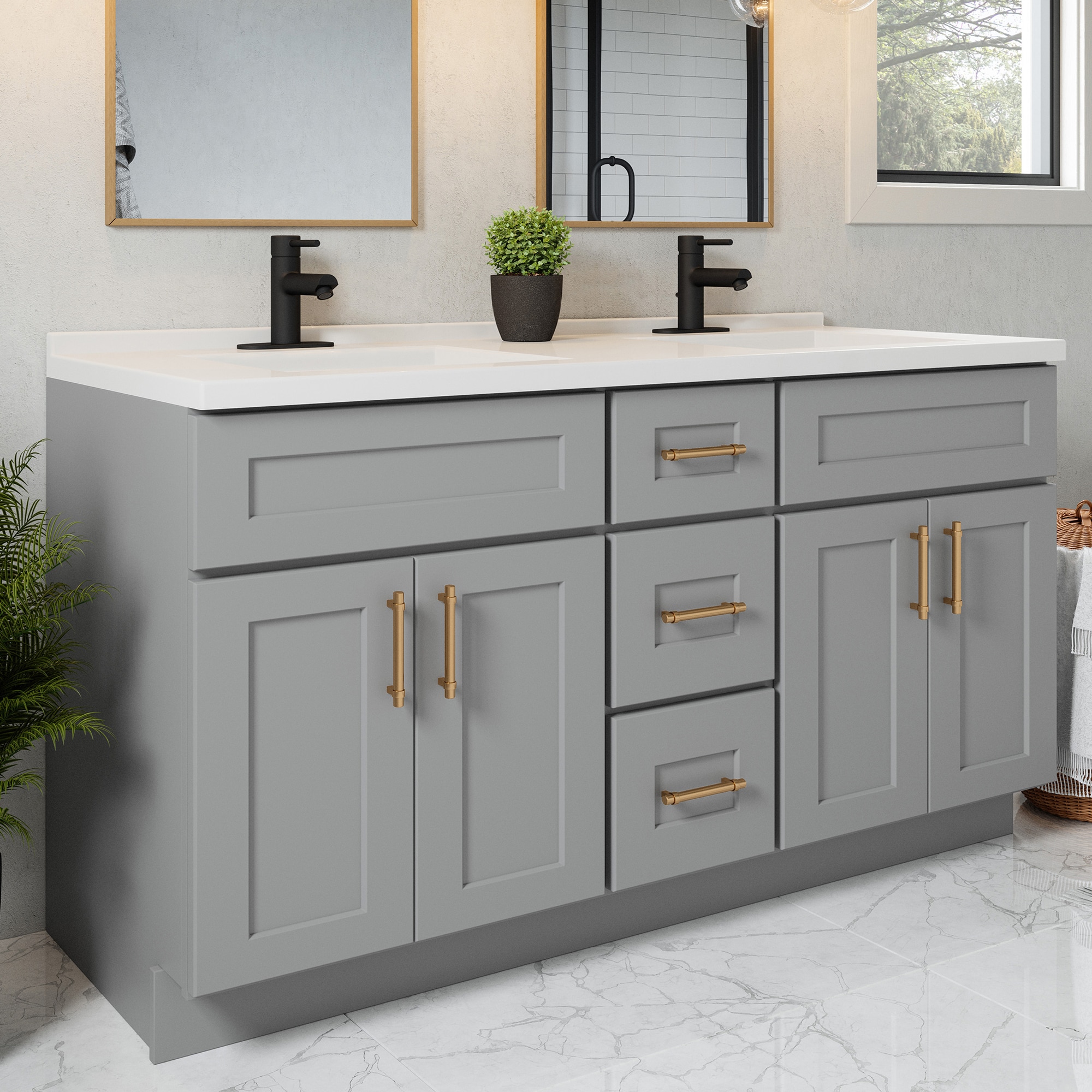 Tapa de tocador de baño de mármol sólido blanco cultivado con doble lavabo integral de 3 orificios, Design House Camilla II, 61 pulgadas x 22 pulgadas.