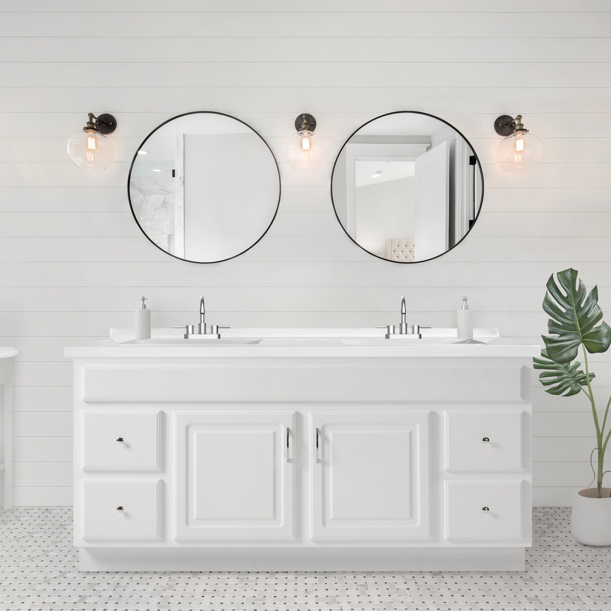 Tapa de tocador de baño de mármol sólido blanco cultivado con doble lavabo integral de 3 orificios, Design House Camilla II, 61 pulgadas x 22 pulgadas.