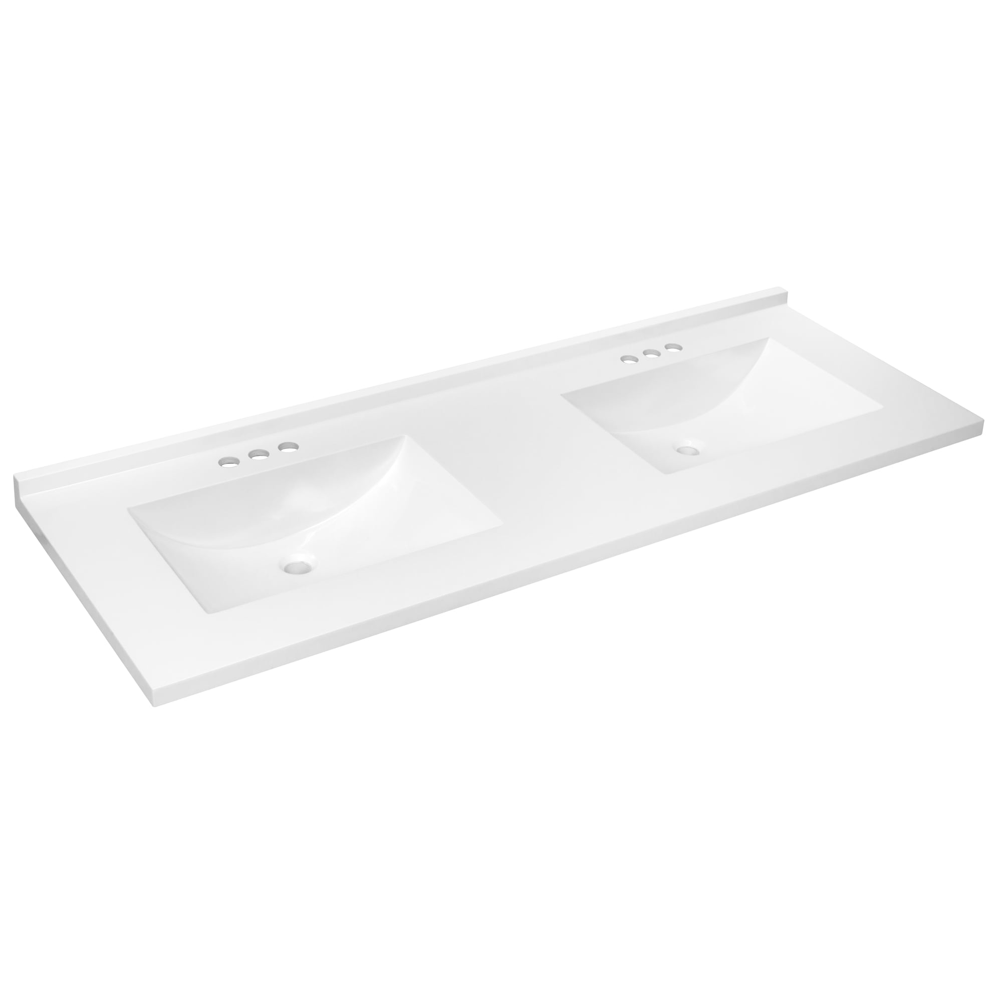 Tapa de tocador de baño de mármol sólido blanco cultivado con doble lavabo integral de 3 orificios, Design House Camilla II, 61 pulgadas x 22 pulgadas.