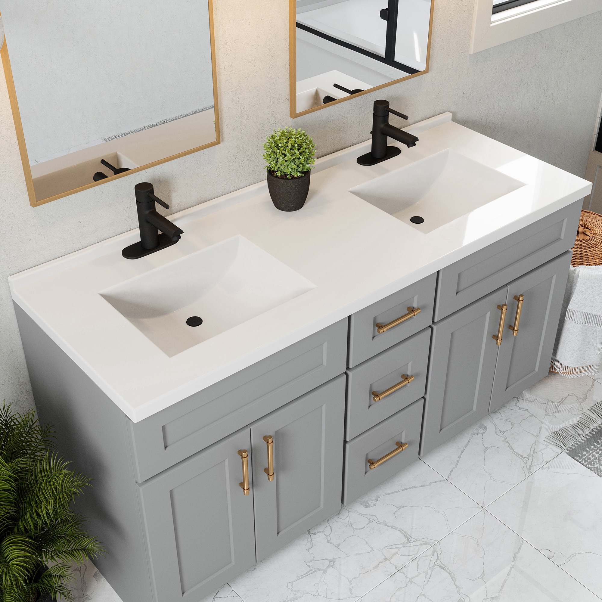 Tapa de tocador de baño de mármol sólido blanco cultivado con doble lavabo integral de 3 orificios, Design House Camilla II, 61 pulgadas x 22 pulgadas.