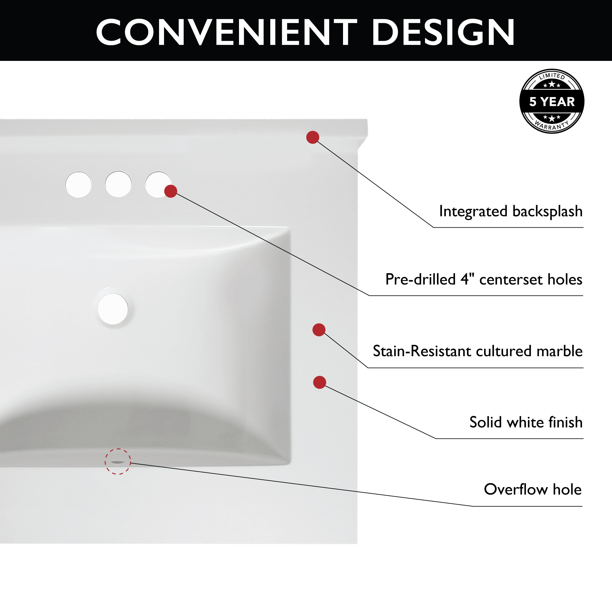 Cubierta de baño con tocador de mármol sólido blanco integrado de un solo lavabo de 31 pulgadas x 22 pulgadas, agujeros para grifería en Diseño Casa Camilla II 630228