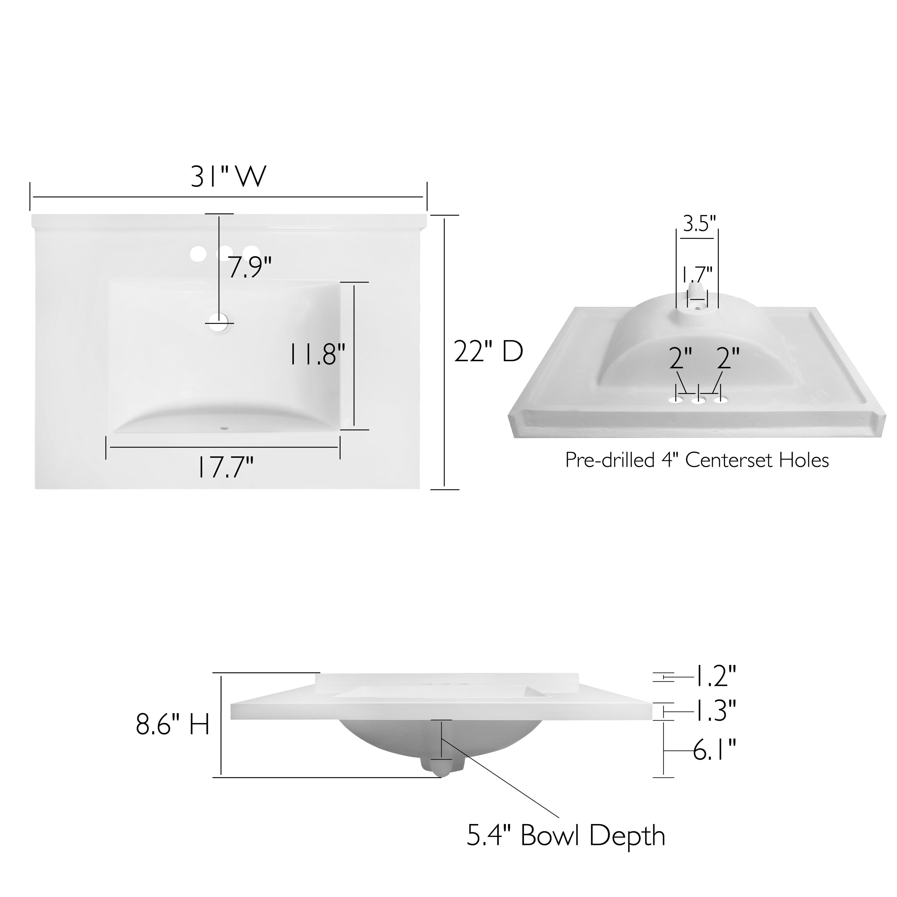Cubierta de baño con tocador de mármol sólido blanco integrado de un solo lavabo de 31 pulgadas x 22 pulgadas, agujeros para grifería en Diseño Casa Camilla II 630228