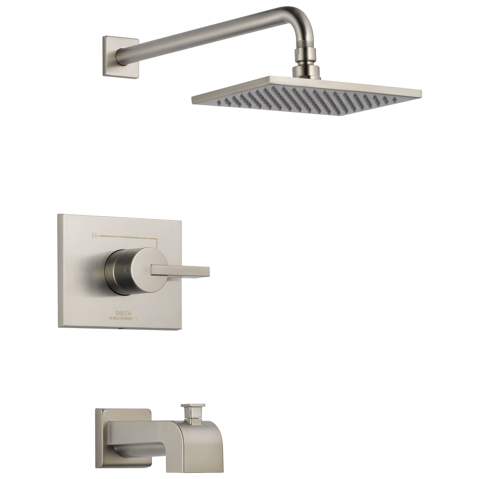 Mezcladora de regadera y bañera cuadrada de acero inoxidable Delta Vero de 1 manija y función única de 8.656 pulgadas con válvula incluida T14453-SS.