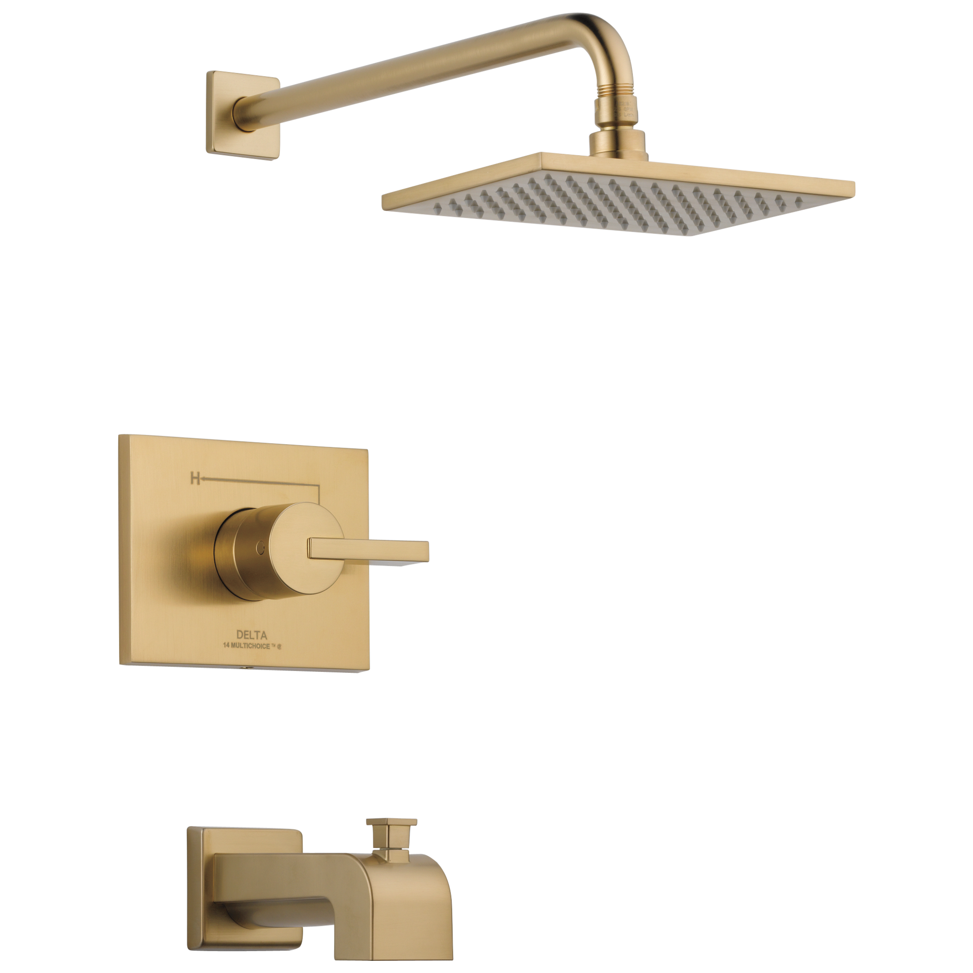 Grifo para bañera y regadera de una manija y función única de 8.656 pulgadas cuadradas en bronce champagne Delta Vero con válvula T14453-CZ.