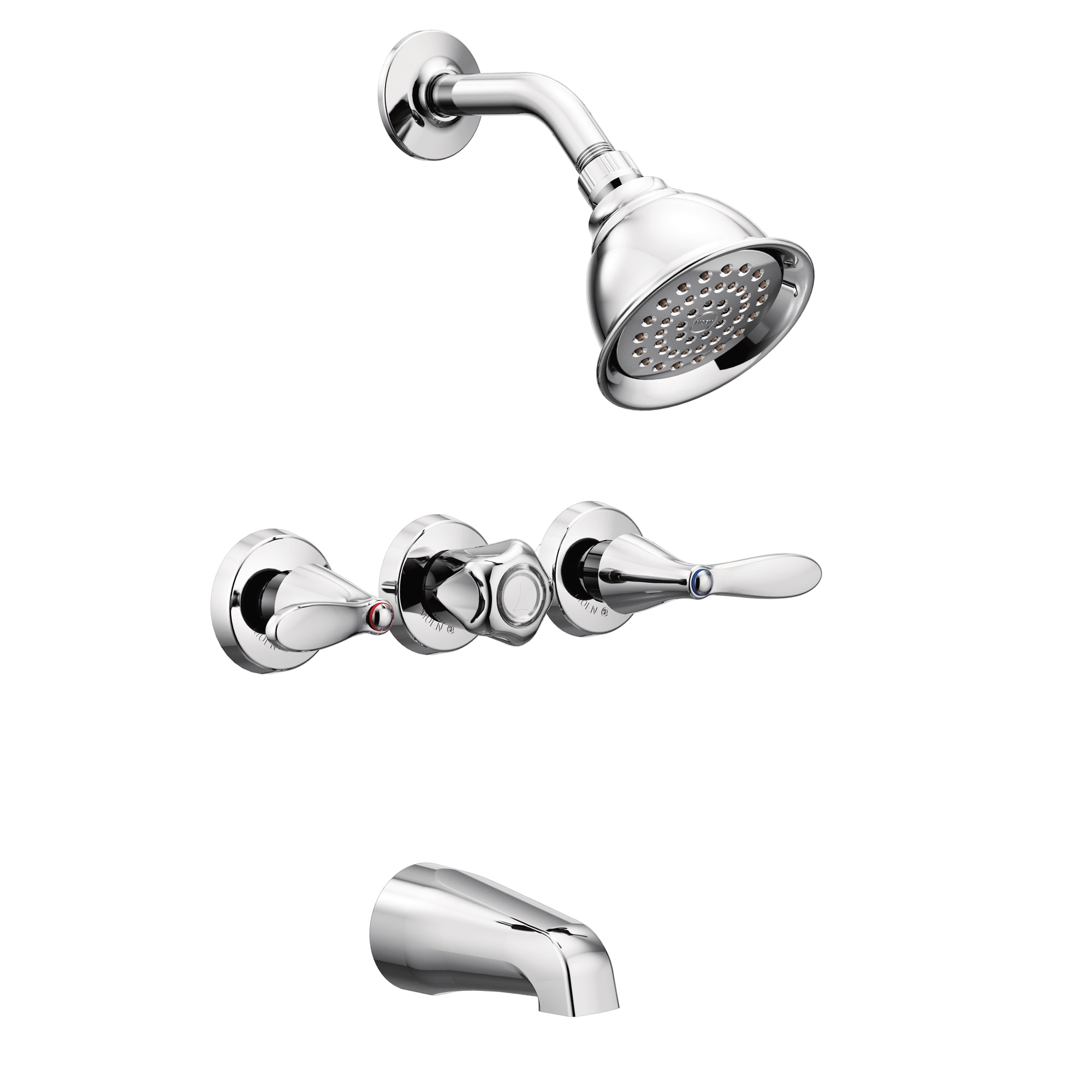 Grifo de bañera y ducha redondo de 4 pulgadas con válvula de una sola función y tres manijas en cromo Moen Adler 82663