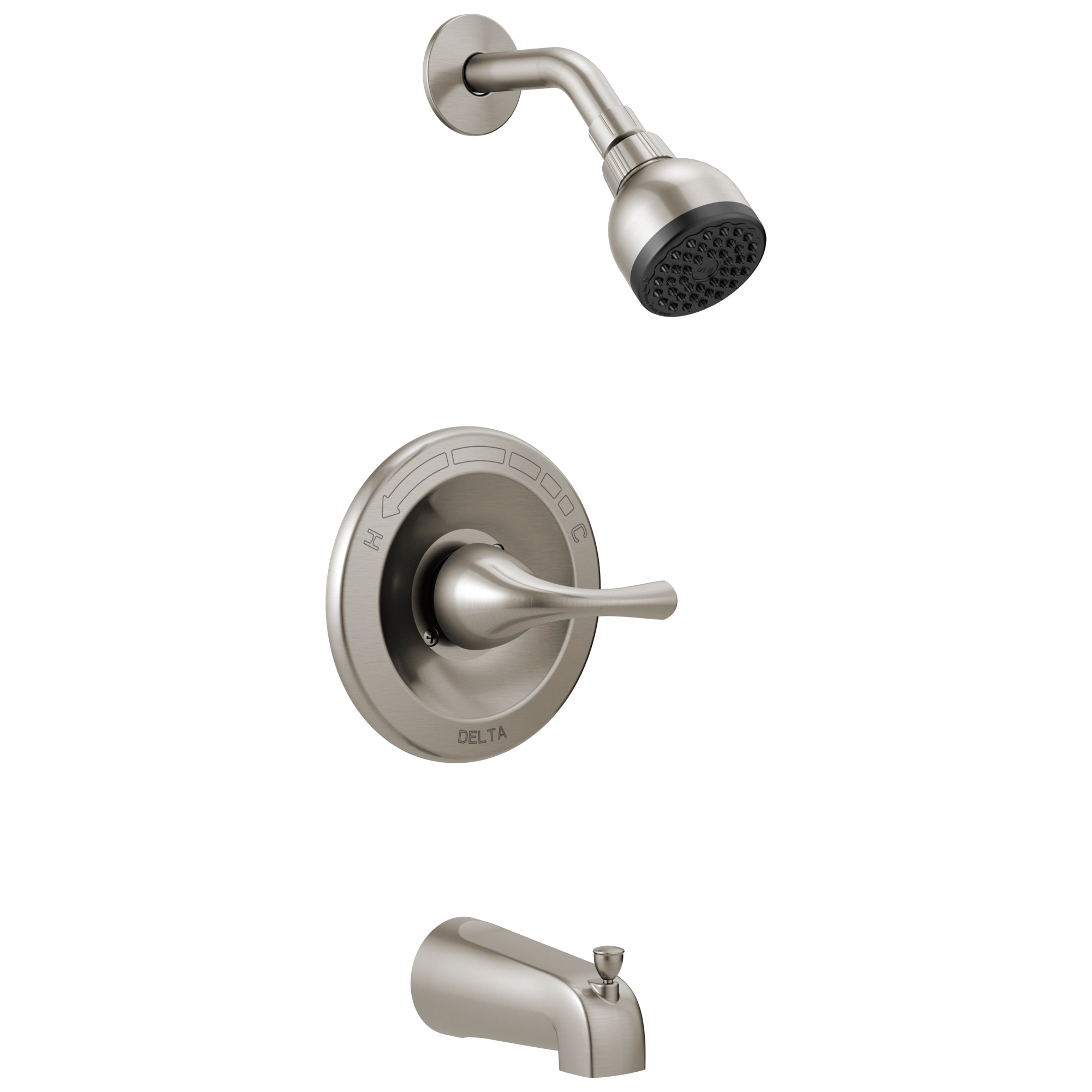 Llave mezcladora de bañera y regadera redonda de acero inoxidable con una sola manija y función única Delta Foundations con válvula B114915C-SS