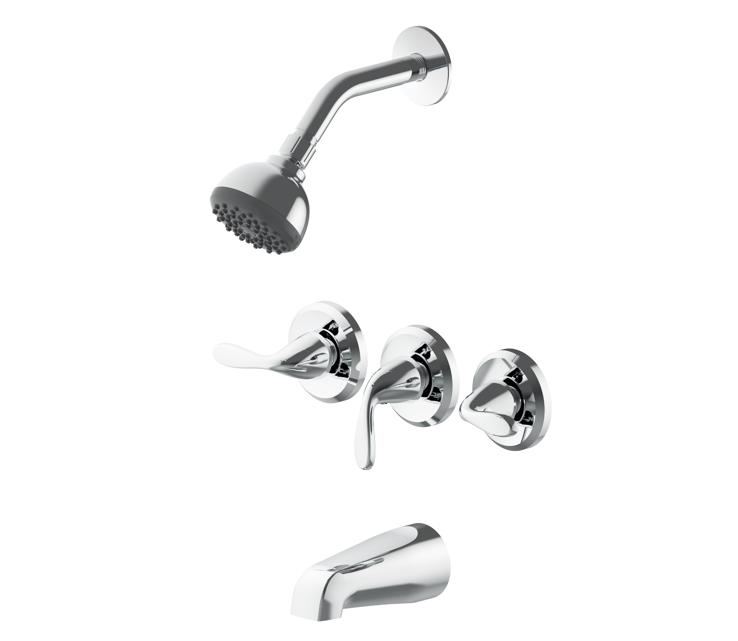 Grifo para bañera y ducha redondo de 3.15 pulgadas, de cromo pulido de la marca Project Source Everfield con 3 manijas y función única.