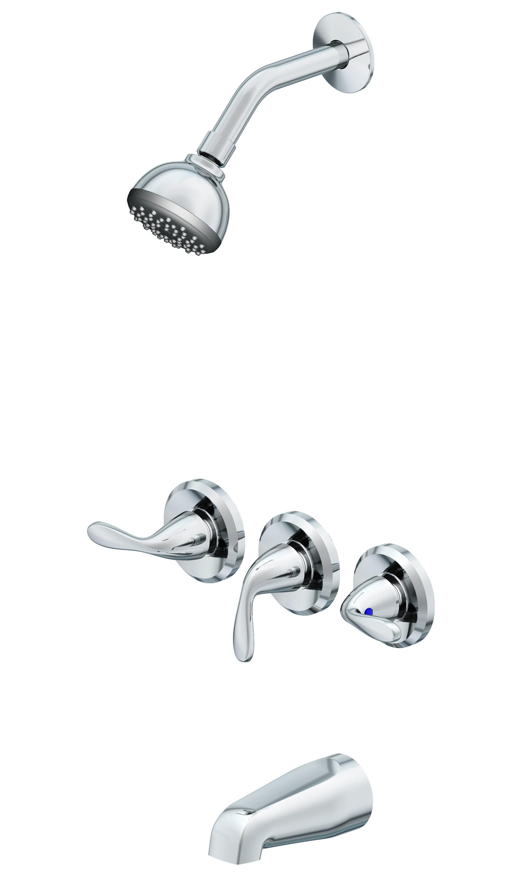 Grifo para bañera y ducha redondo de 3.15 pulgadas, de cromo pulido de la marca Project Source Everfield con 3 manijas y función única.