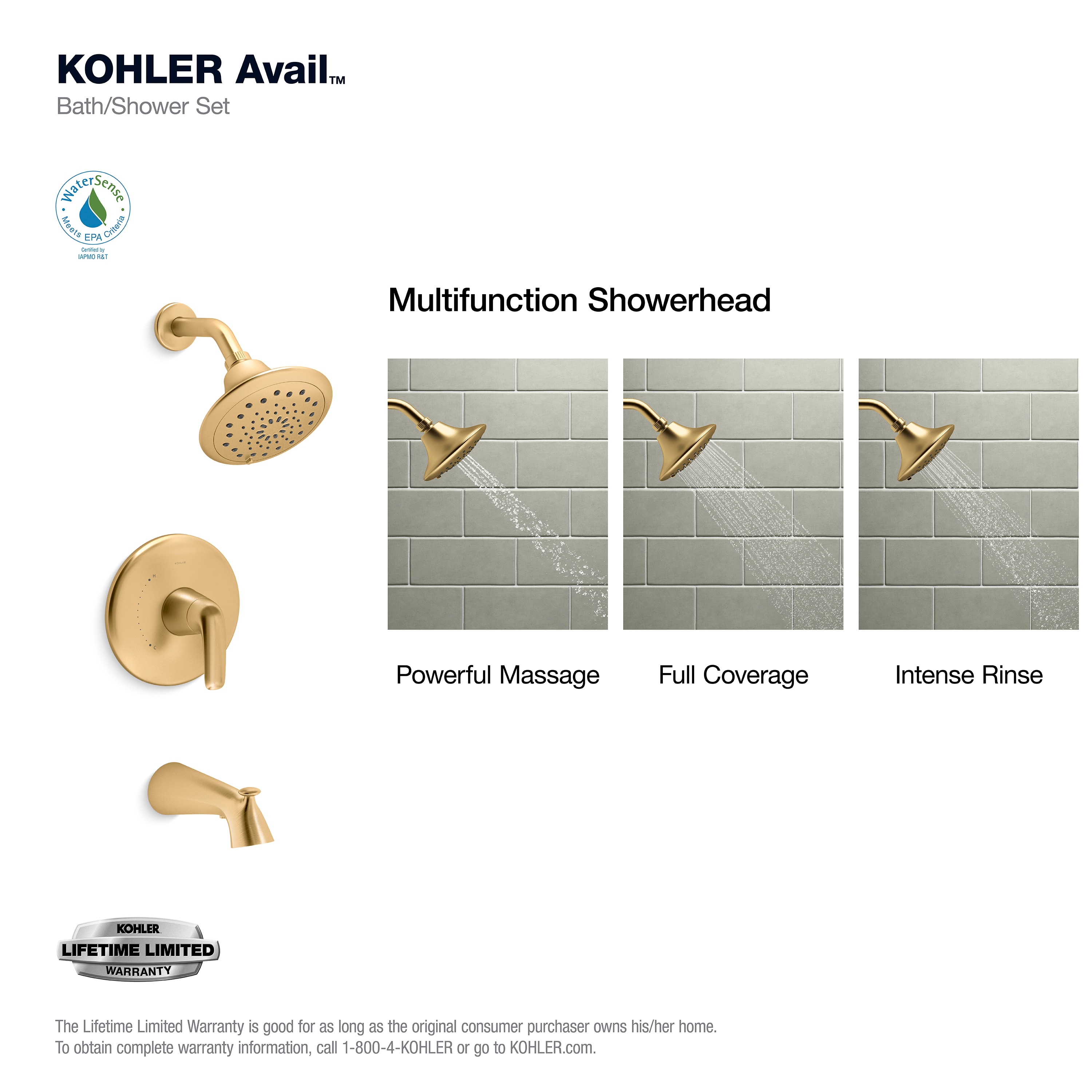 Llave para Bañera y Regadera de 1 Manija, Multifunción de 7.25 Pulgadas, Acabado en Latón Moderne Cepillado Vibrante KOHLER Avail con Válvula