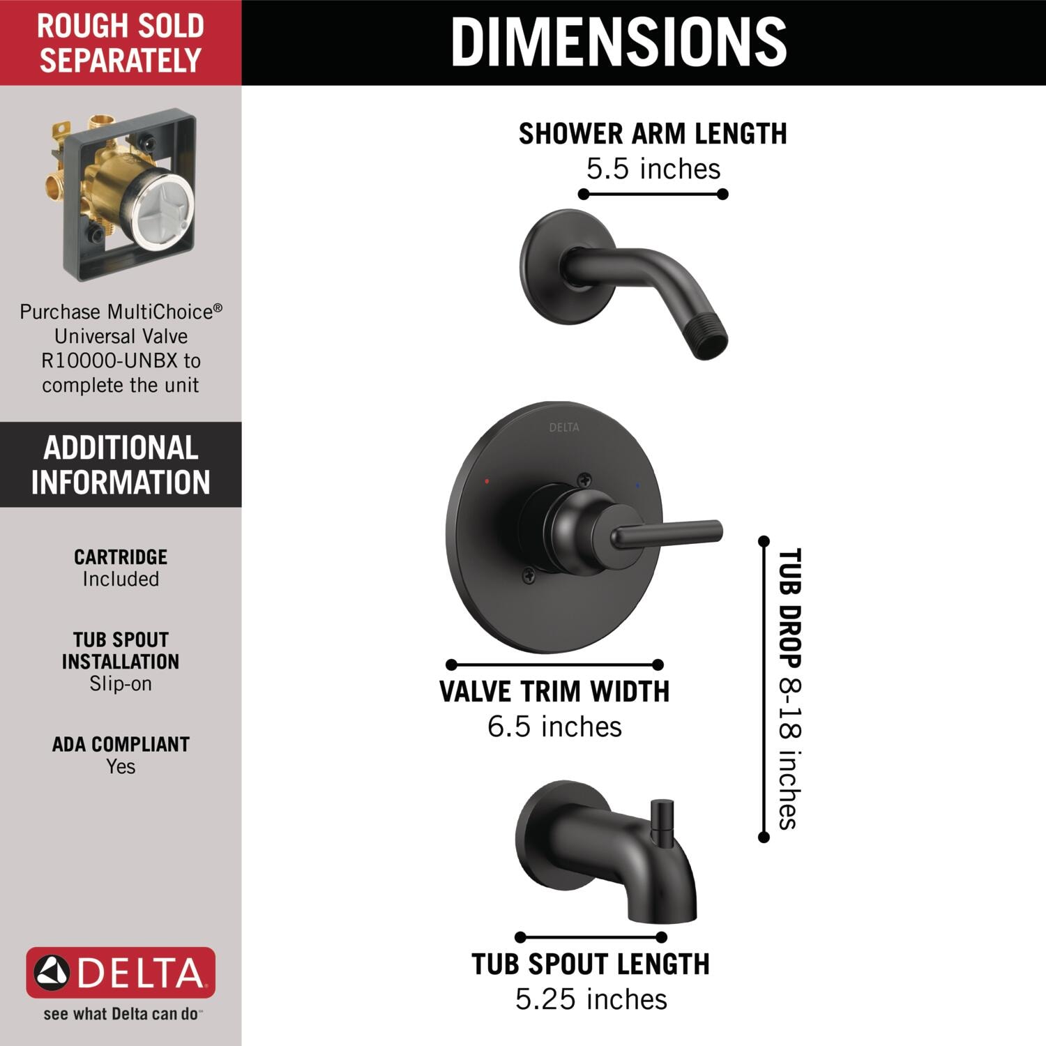 Grifo para bañera y ducha de una sola manija en negro mate Delta Trinsic, se vende por separado T14459-BLLHD.