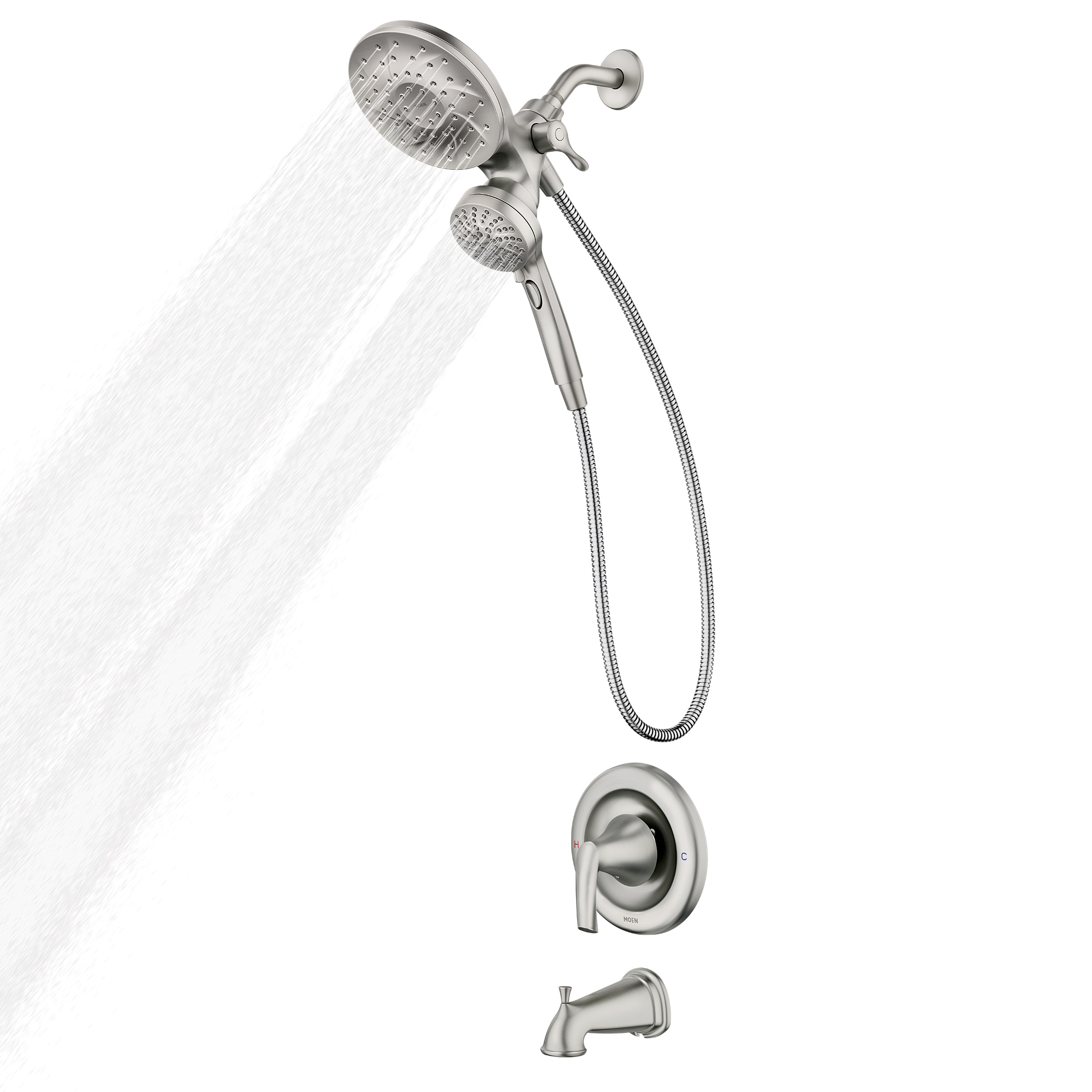 Grifo y regadera redonda para bañera Moen Graeden Magnetix resistente a manchas en níquel cepillado de 1 mango con múltiples cabezales de 6.75 pulgadas y válvula