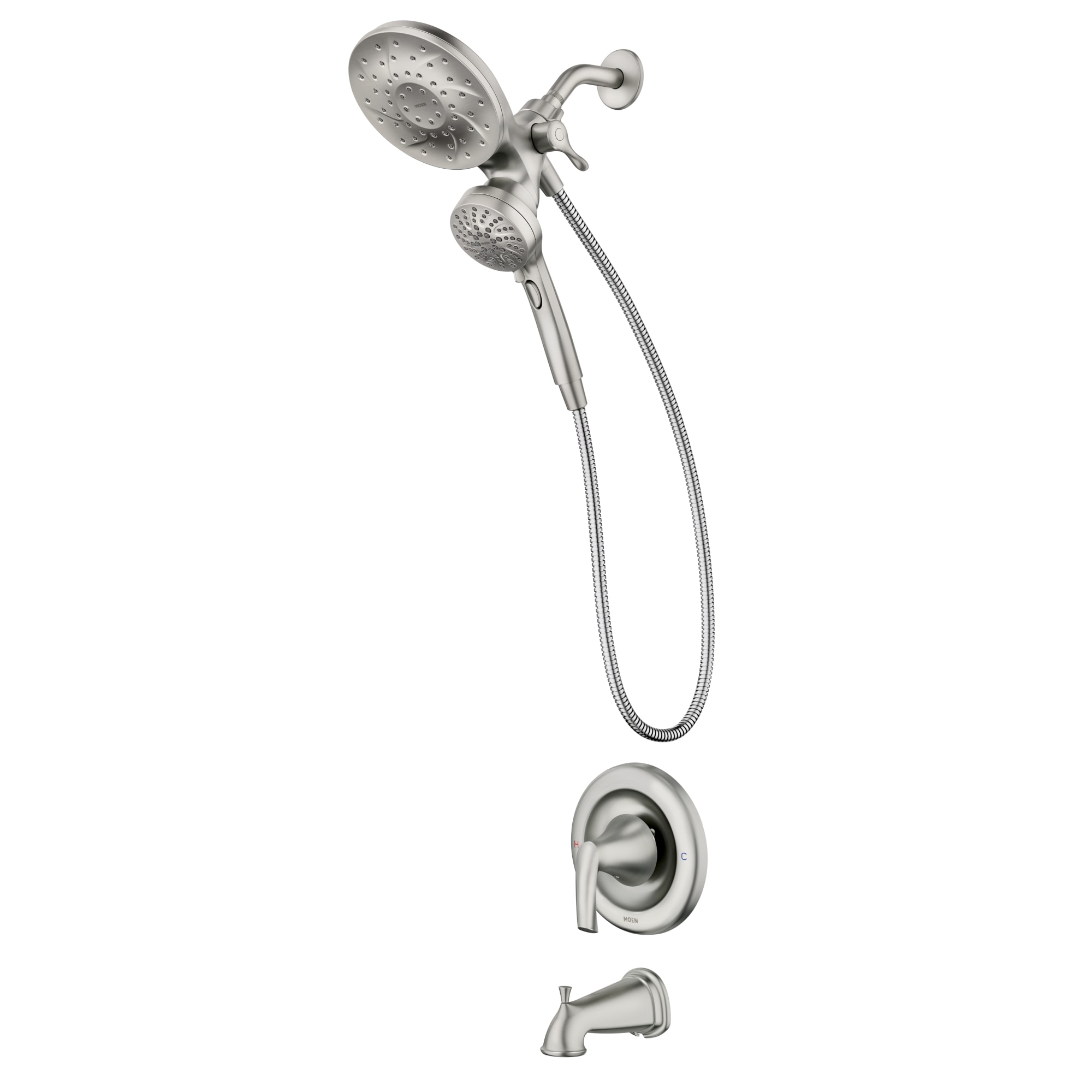 Grifo y regadera redonda para bañera Moen Graeden Magnetix resistente a manchas en níquel cepillado de 1 mango con múltiples cabezales de 6.75 pulgadas y válvula