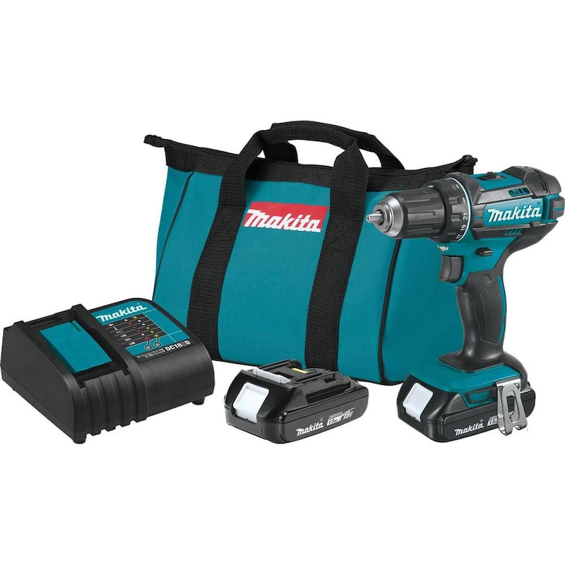 Kit de taladro destornillador Compacto inalámbrico de velocidad variable de 1/2 pulg. con batería de ion de litio LXT de 18V y 1.5 Ah de Makita con bolsa de herramientas - XFD10SY.