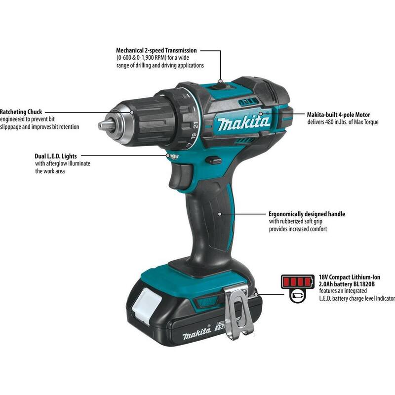 Kit de taladro destornillador Compacto inalámbrico de velocidad variable de 1/2 pulg. con batería de ion de litio LXT de 18V y 1.5 Ah de Makita con bolsa de herramientas - XFD10SY.