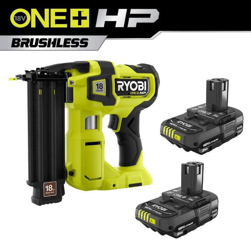 PIN DE CLAVO INALÁMBRICO RYOBI ONE+ HP 18V de calibre 18 con tecnología Brushless y batería compacta de iones de litio de 18V 2.0 Ah GRATIS (paquete de 2) - P322-PBP2006