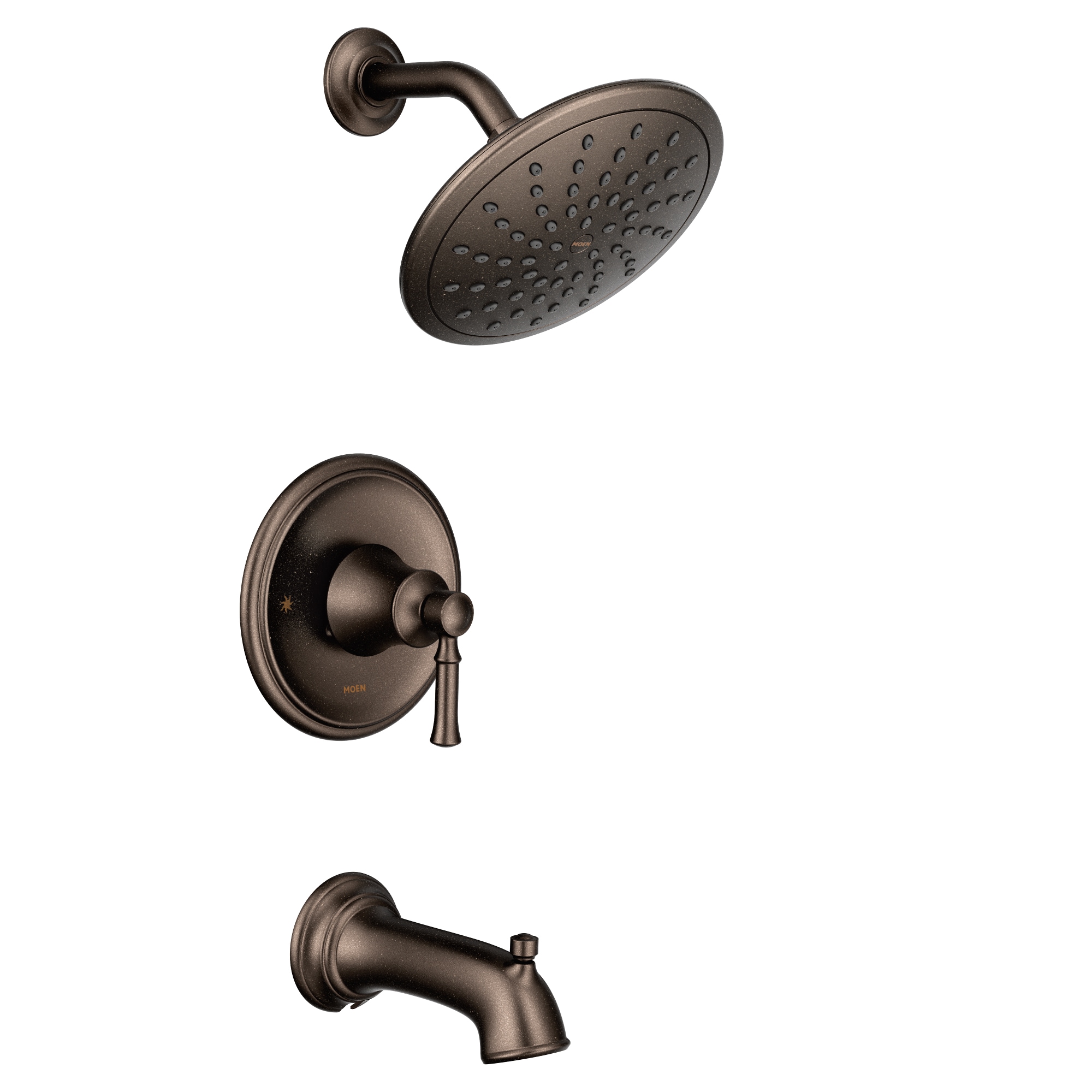 Mezcladora para bañera y regadera redonda de 8 pulgadas con acabado en bronce aceitado de un solo mango y función única Dartmoor de Moen T2283EPORB.