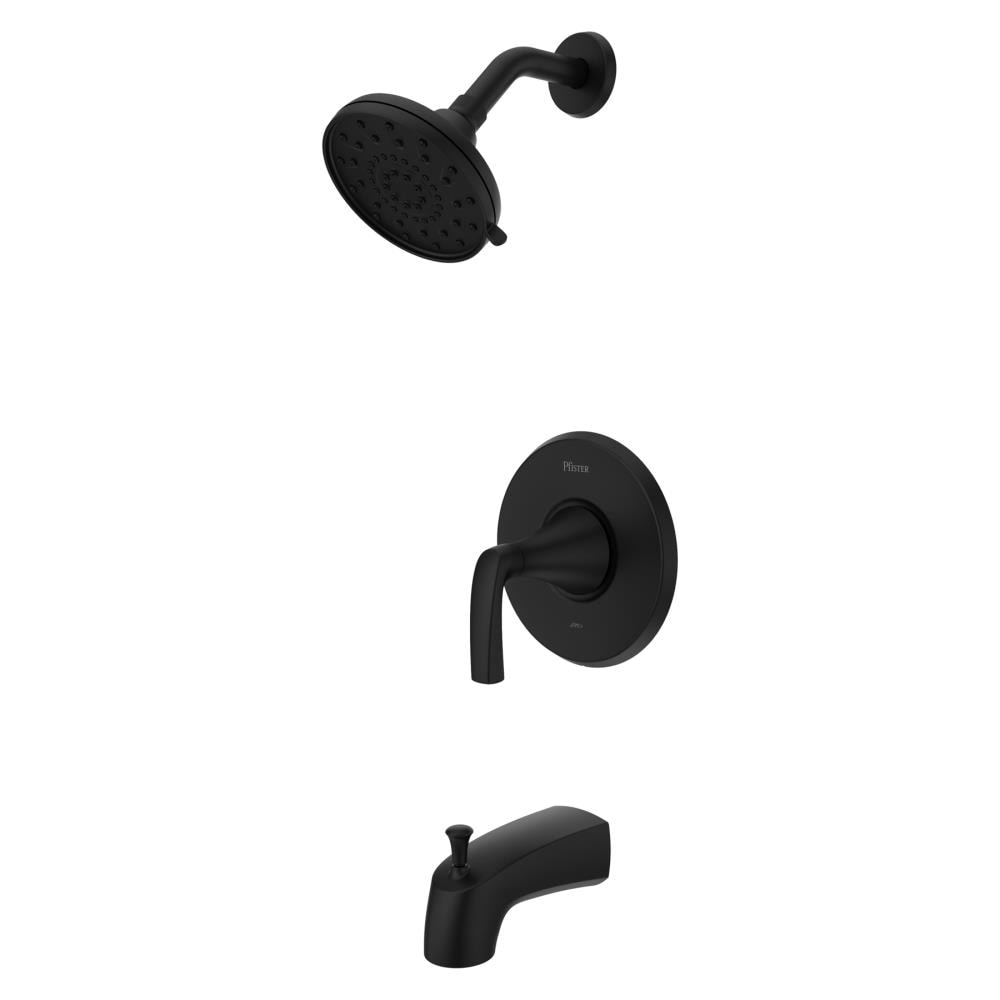 Grifo para bañera y regadera redonda de 4.94 pulgadas con acabado mate negro de una sola manija y función múltiple en estilo rancho Pfister.
