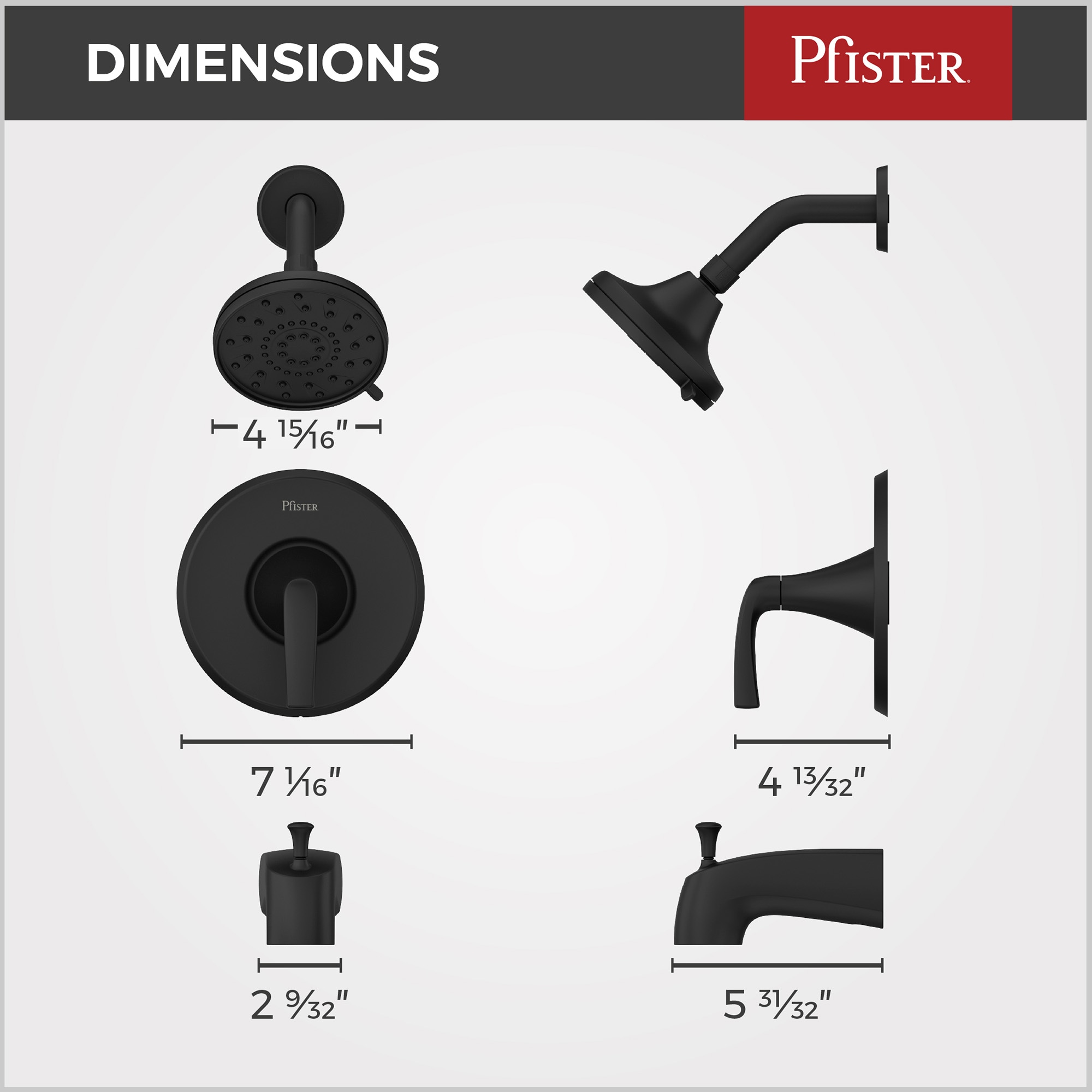 Grifo para bañera y regadera redonda de 4.94 pulgadas con acabado mate negro de una sola manija y función múltiple en estilo rancho Pfister.