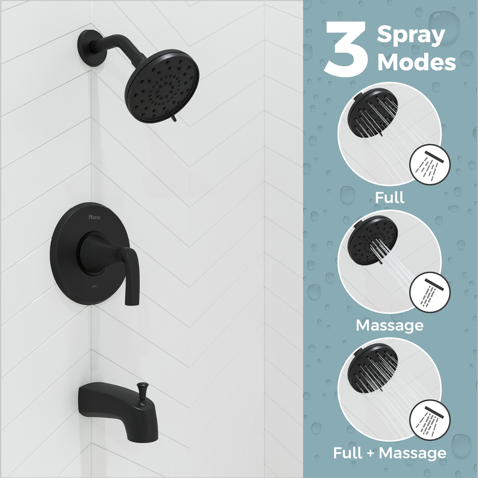 Grifo para bañera y regadera redonda de 4.94 pulgadas con acabado mate negro de una sola manija y función múltiple en estilo rancho Pfister.
